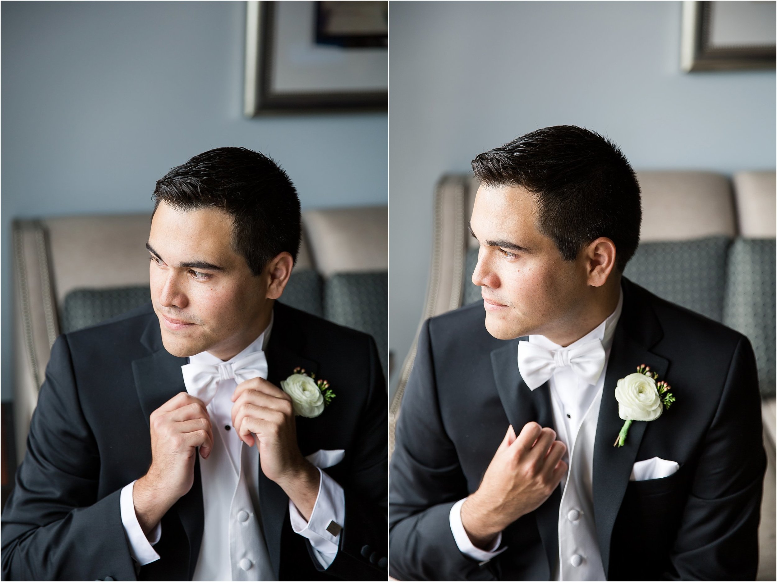 Groom getting ready portraits with ranunculus boutonniere