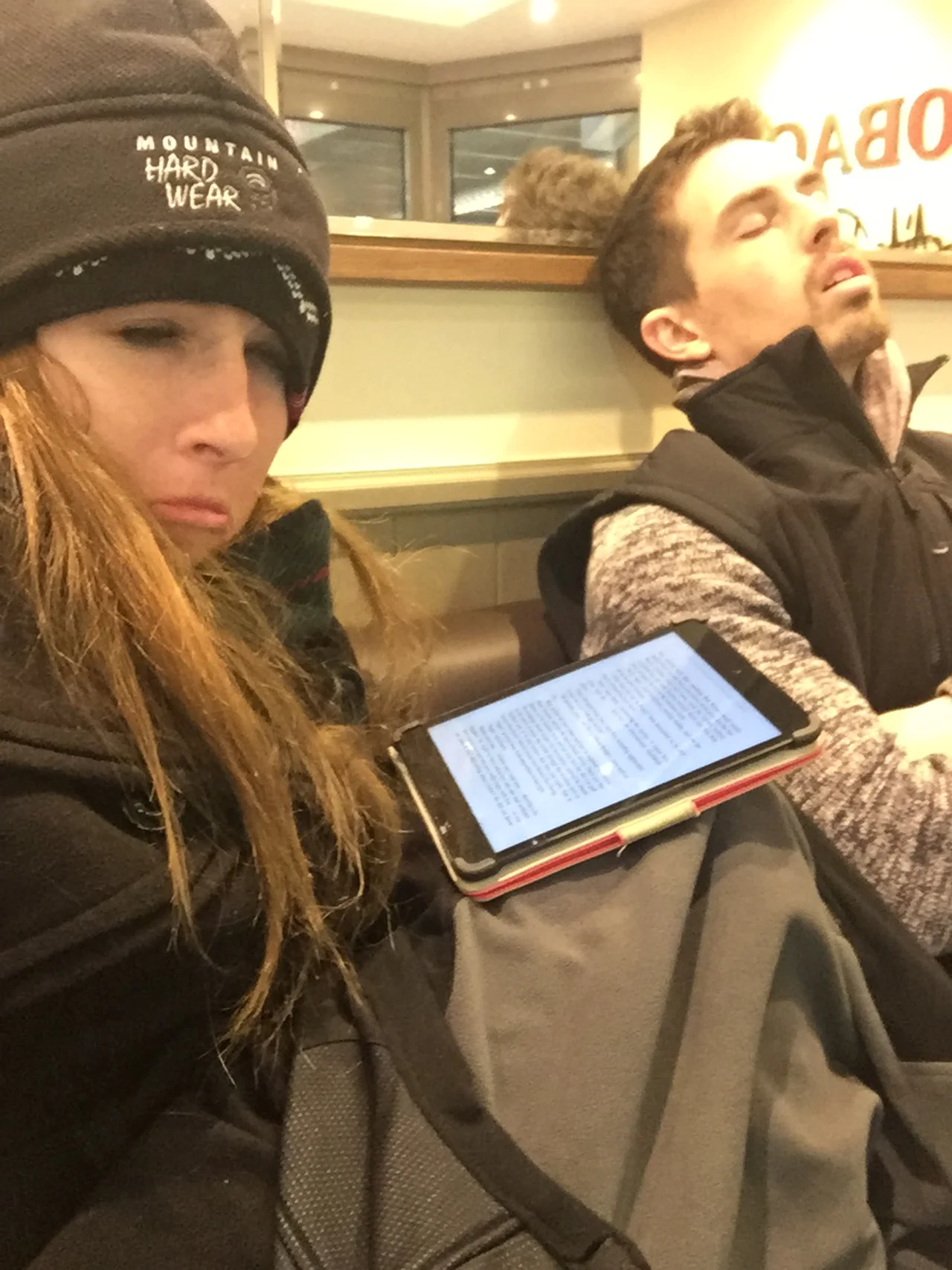 He gave me his coat as more of a blanket for me, and his toboggan for me to double up on my head. And this was the maybe 5 minutes he slept! haha! 