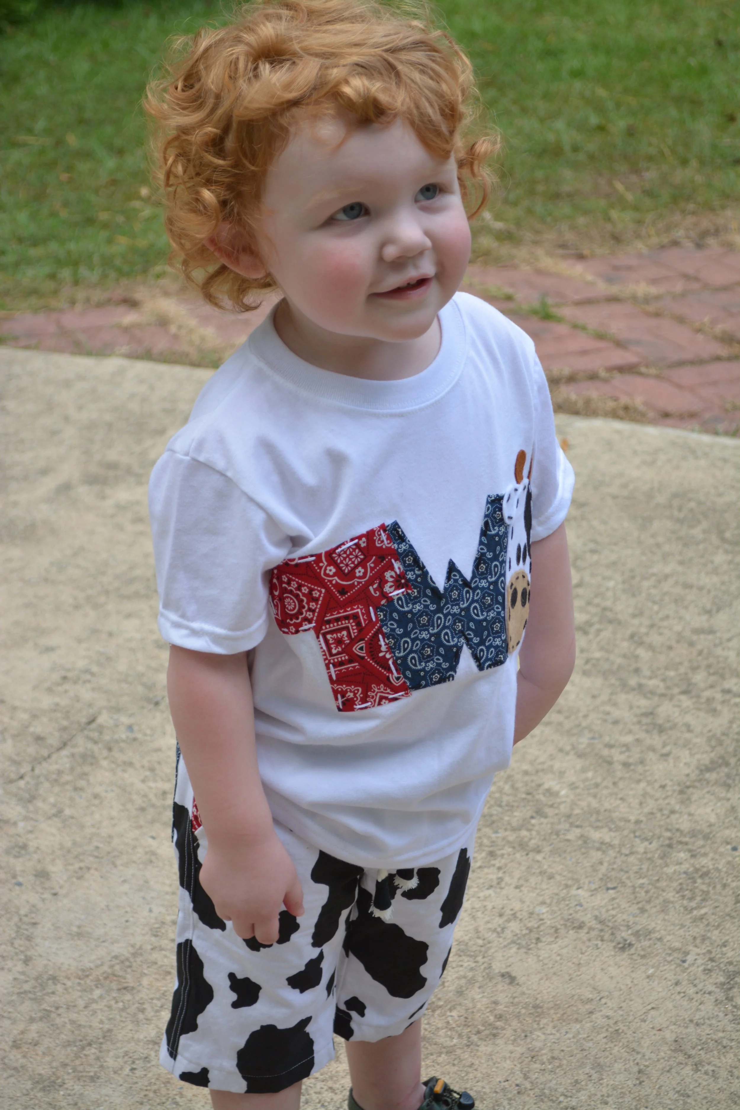 He likes cows so his entire party and outfit was moo cows. When I put on his outfit, he pointed to his pants and said MOOO and then he poked me in the eye and said "TAY TAY EYES" lol!! 