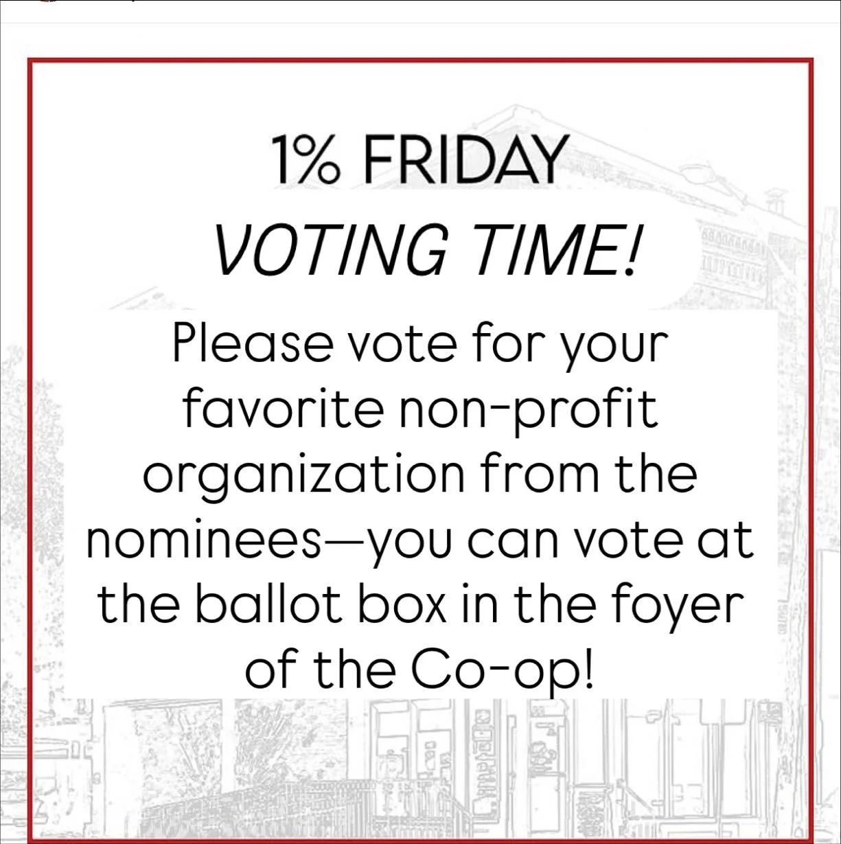 Vote for your favorites to be picked for 2026&rsquo;s 1% Friday donations! Voting goes through the end of November.

Online voting is also available here: 

https://g3j1.engage.squarespace-mail.com/r?m=6913c124f168e21aa383711d&amp;u=https%3A%2F%2Fdoc