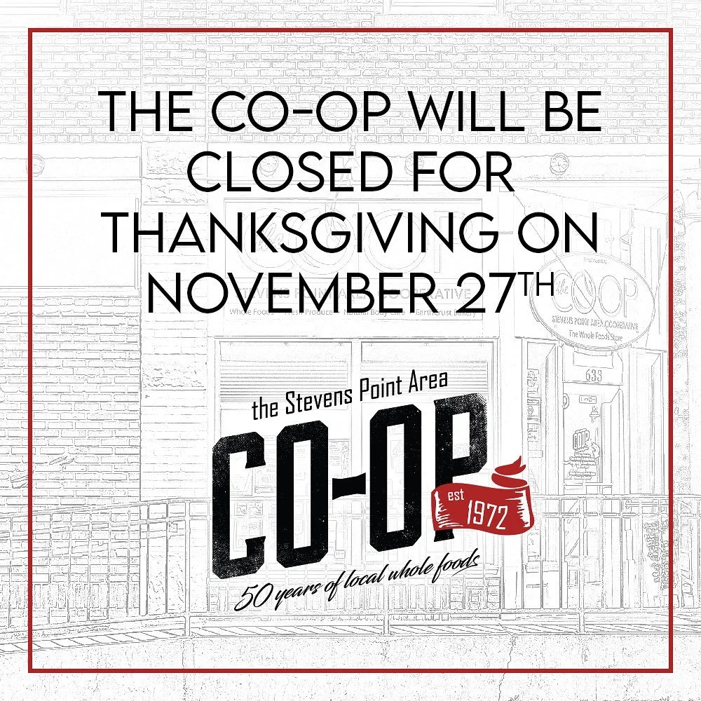 Just a heads up that the Co-op will be closed on Thanksgiving day, the 27th! We hope everyone has a nice time with family and friends 🙂

#spacoop