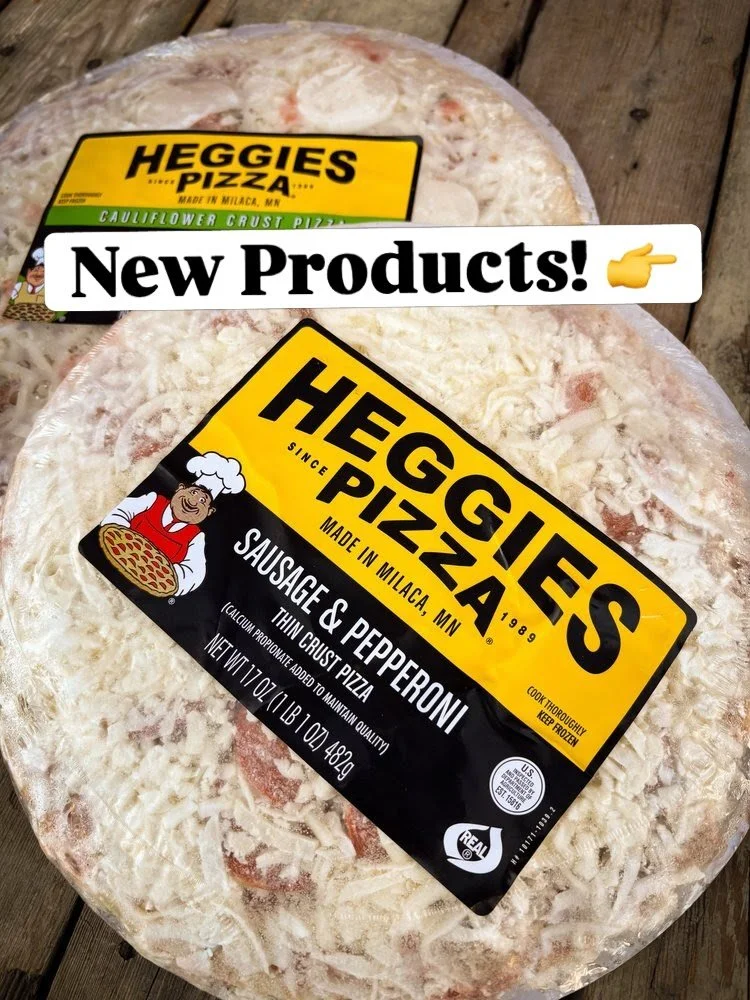 🍕	Hailing from Milaca, MN are @heggiespizza frozen pizzas! 
	We now stock their Sausage &amp; Pepperoni, El Jefe, and Margherita with cauliflower crust.

🧀 	@hippeas_snacks Chickpea Nacho Tortilla Chips are in&mdash;the perfect gluten-free and vega