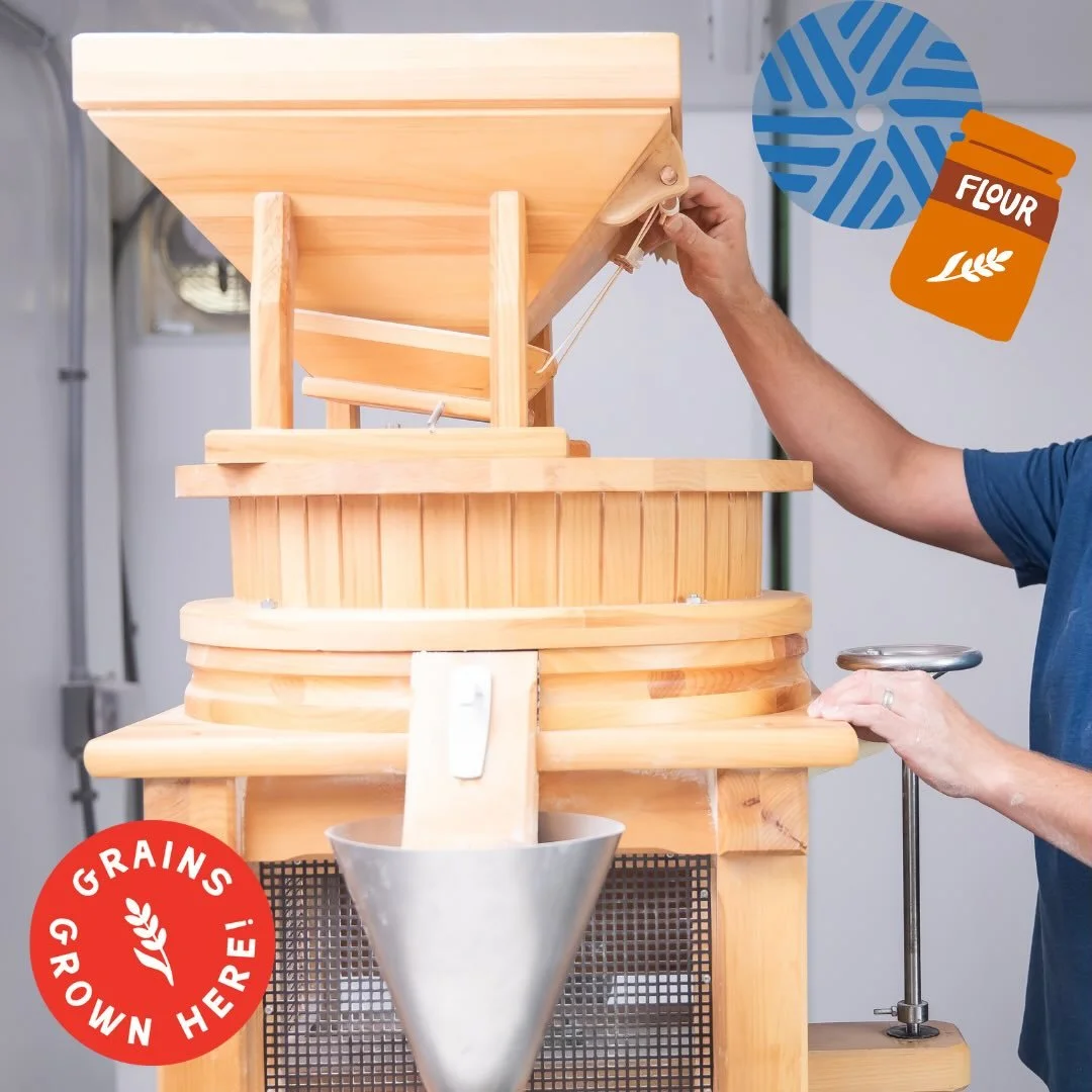 Did you know? Stone mills grind all parts of the grain together: bran, germ and endosperm. This means that fats and nutrients remain in stone ground flour, even when sifted. Look for the Grains Grown Here badge to shop fresh milled flours full of nut