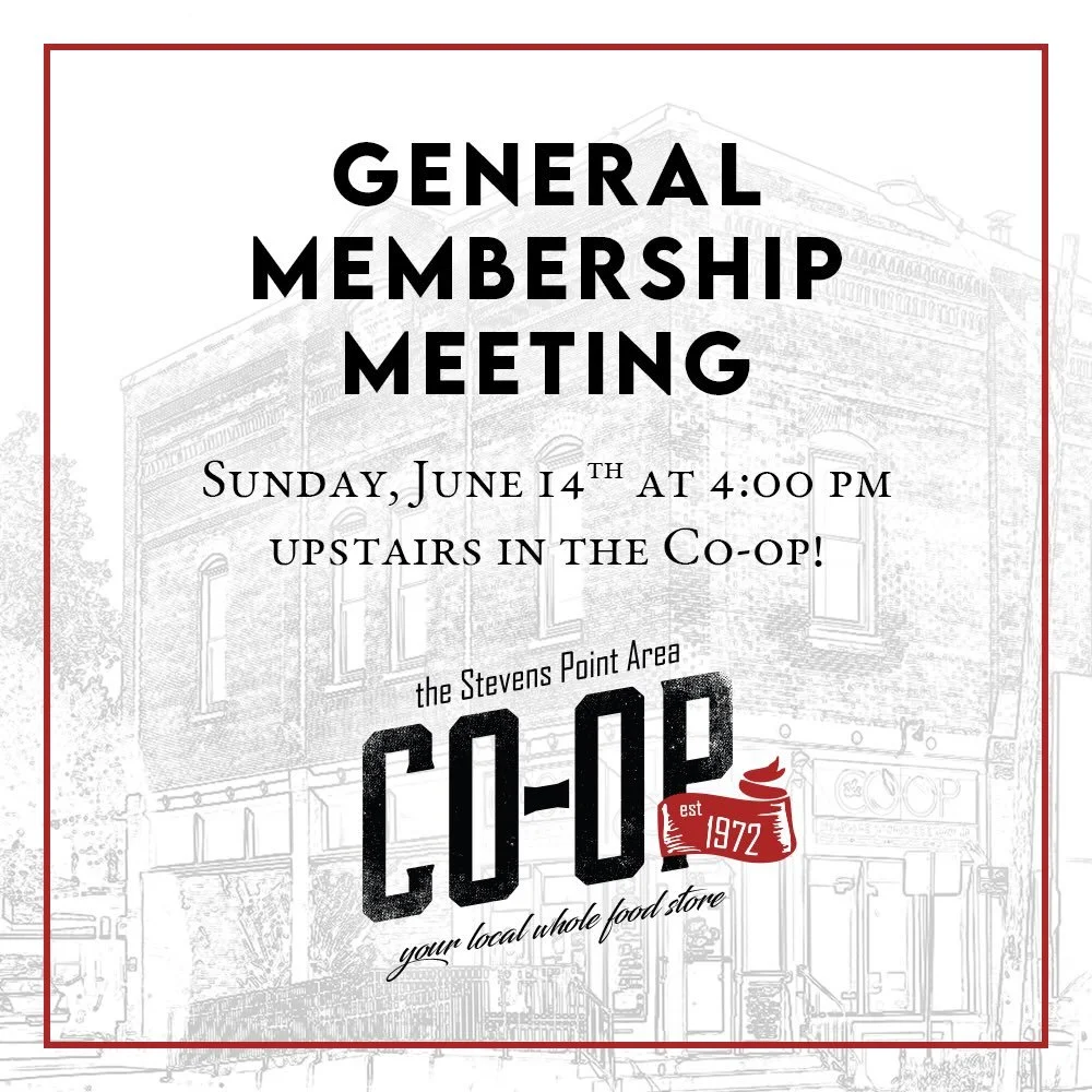 Join us upstairs at the Co-op this Sunday for a special general membership meeting and potluck!  We are looking forward to seeing you there!