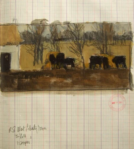 Pasture, 5 x 7 in, charcoal, acrylic with stamp on found paper