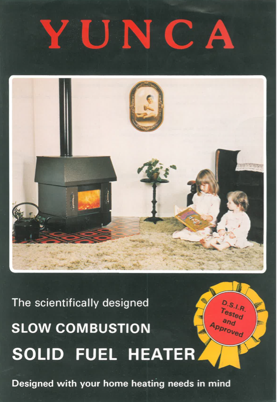 Yunca's first brochure - displaying the first Yunca heater. (Terry's daughters Kylie (LHS) and Karyna (RHS)