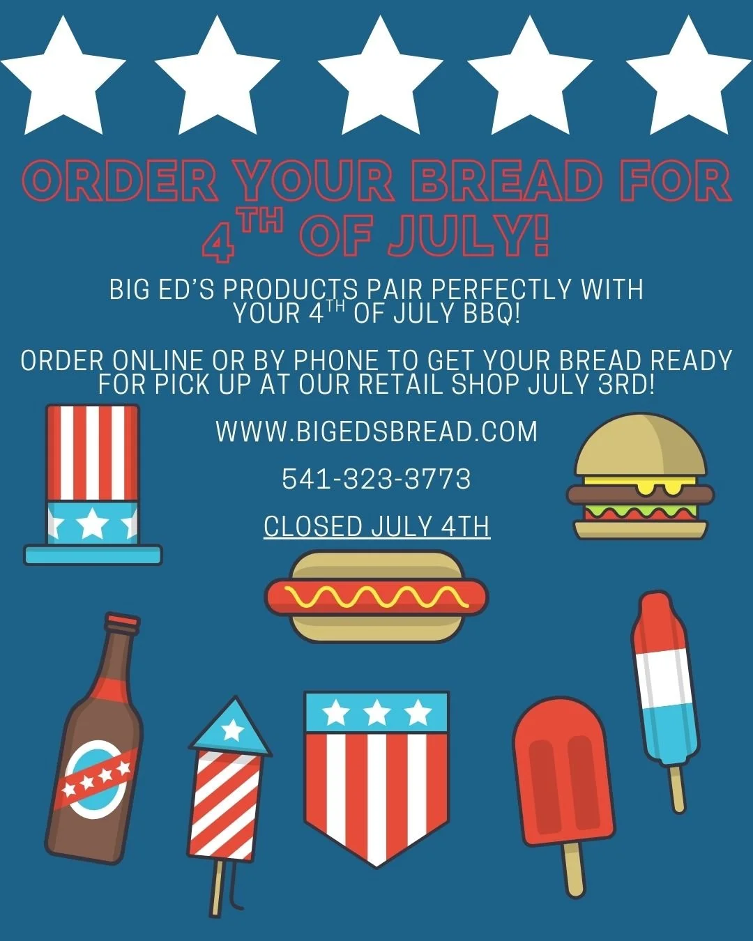 π Fire up the grill and don’t forget the bread! π
Preorder your 4th of July BBQ essentials from Big Ed’s Artisan Bread now! π₯π₯
Our handcrafted buns and hoagies are the perfect sidekick to your burgers, brats, and backyard bites.
π