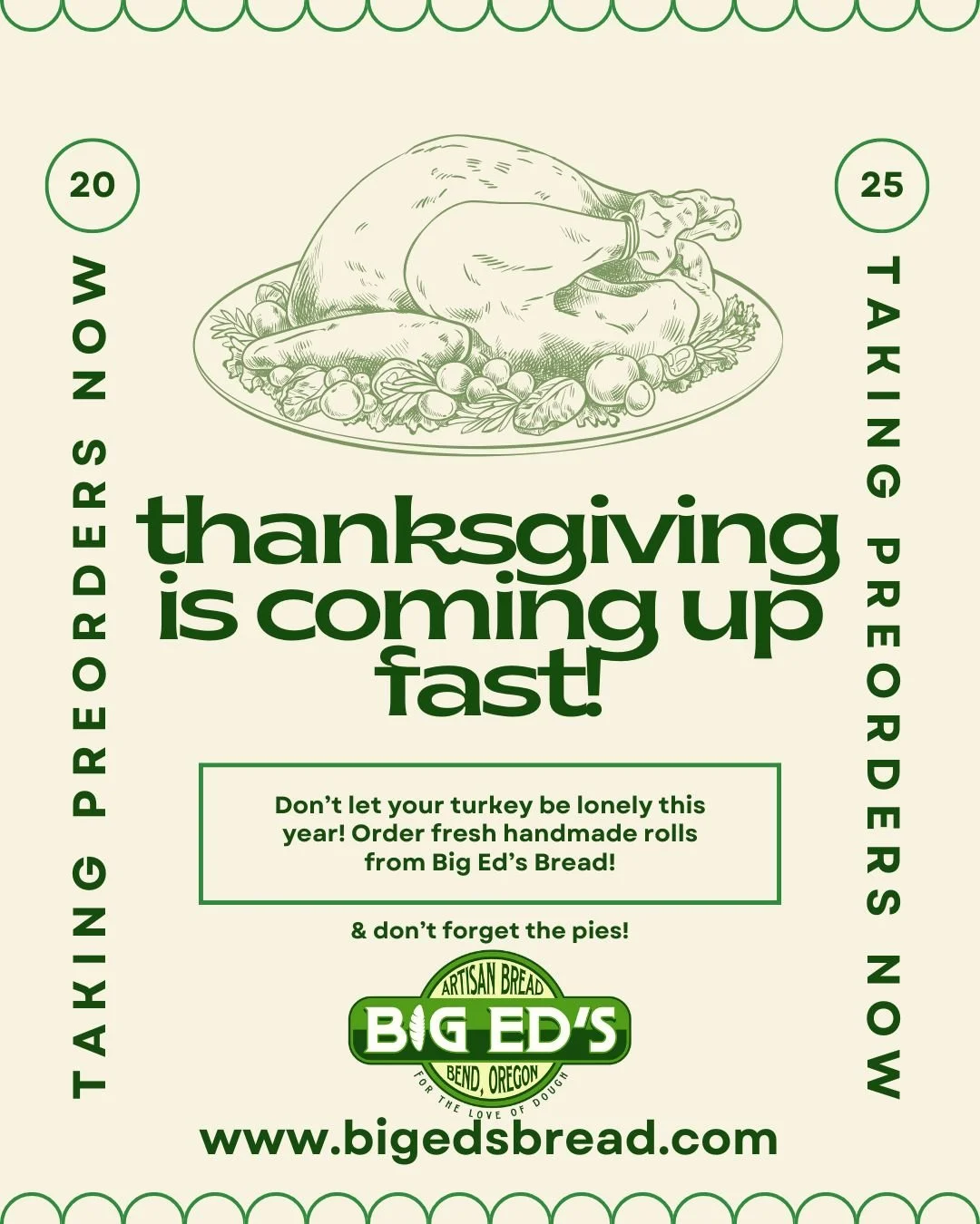 Don&rsquo;t let your turkey show up to Thanksgiving lonely &mdash; give it the squad it deserves. 😌🦃 Order your rolls and pies from Big Ed&rsquo;s Bread before it files an official complaint.

www.bigedsbread.com

#bendfoodie #centraloregonchowhoun