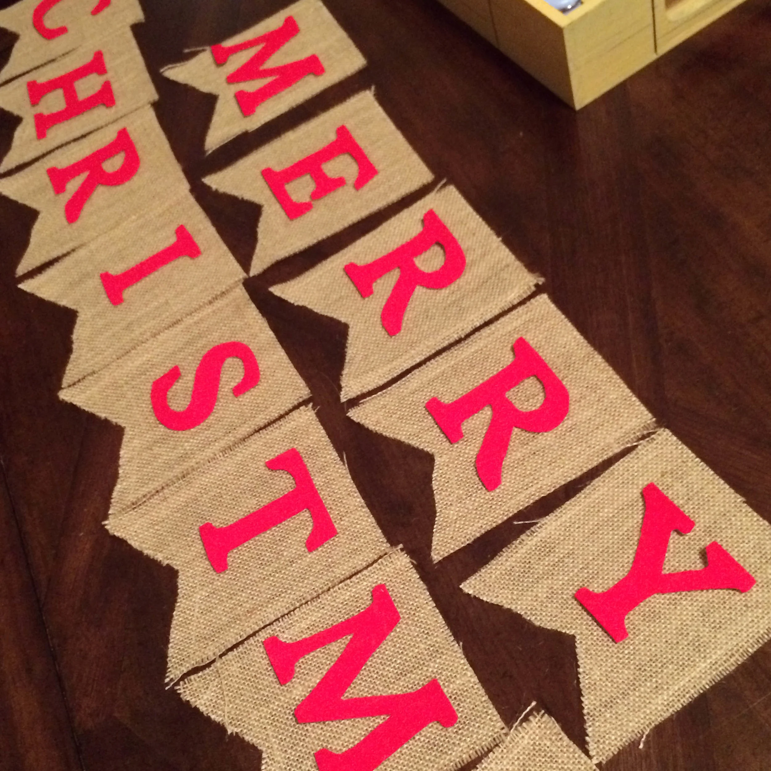 Burlap banner in the making. Letters were not glued yet.