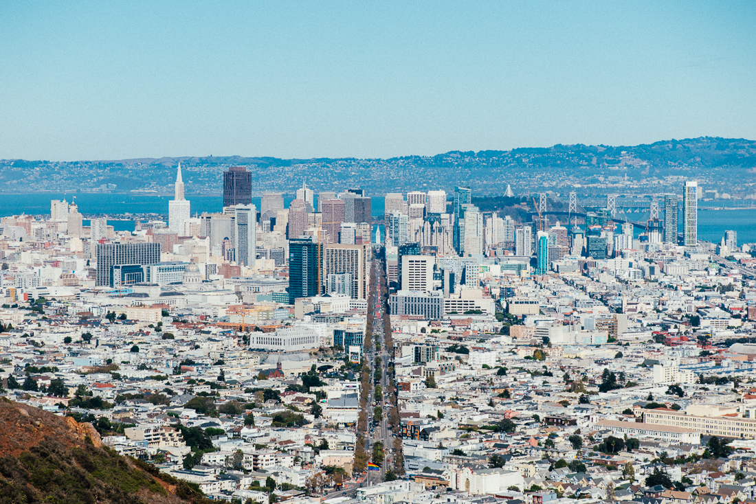 From the Twin Peaks towers, you get the best view of downtown SF. I climbed through the bushes to get a perfectly perpendicular shot of Market st. 