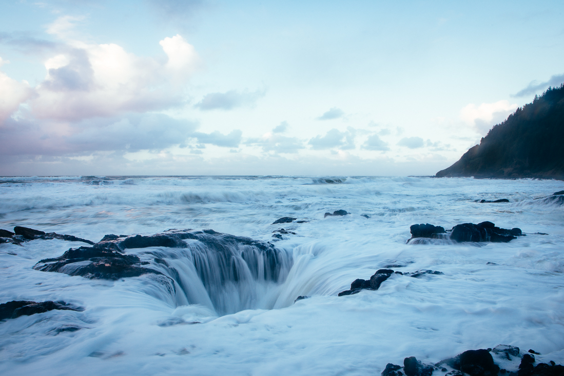 Over in Cape Perpetual is the most insane natural feature I've ever seen, THORS WELL. Here I'm about a dozen feet away and scared for my life. ...one rouge wave came in and covered my feet, but not enough to make me lose balance. Needless to say I packed up after that before the tide came any higher. 