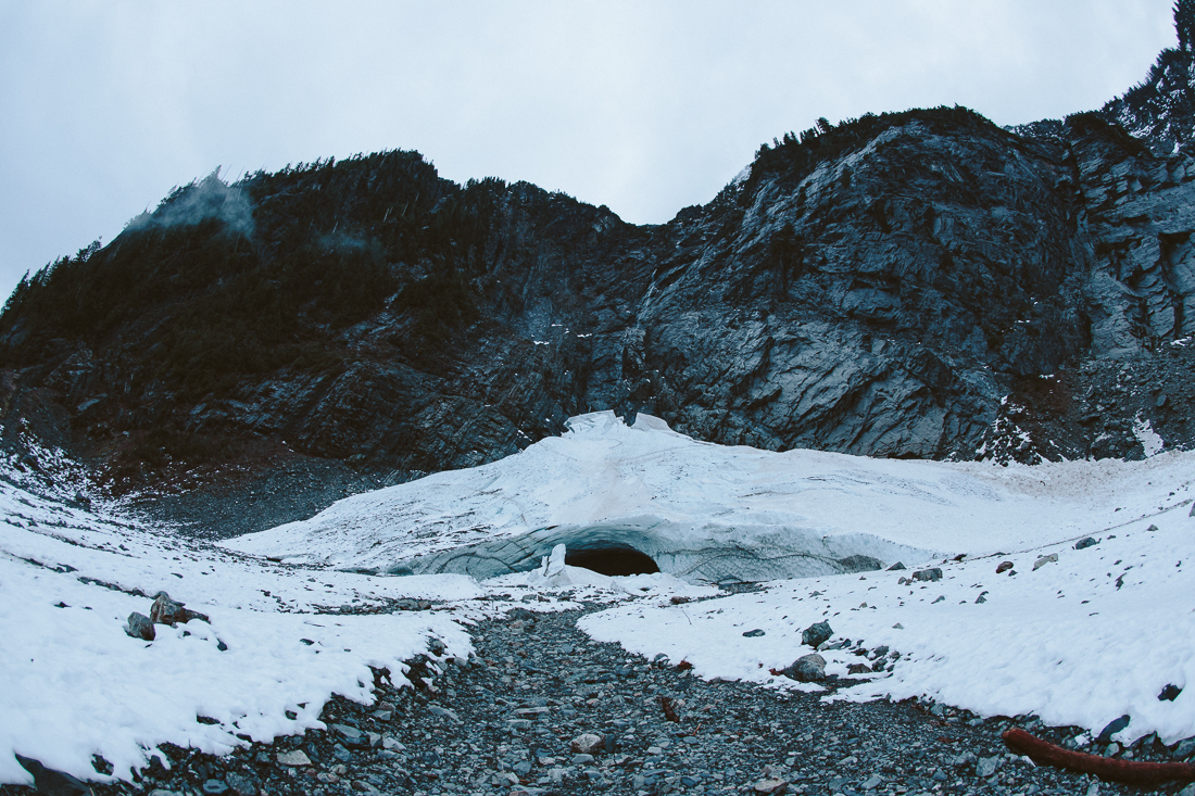 Day 42 / Mile 3870. This place was surreal. The Big 4 Ice Cave is a permanent pile of snow from the constant pileup of avalanches from the cliff's saddle above. The water from the fall line melts out a path and creates a massive cave. 