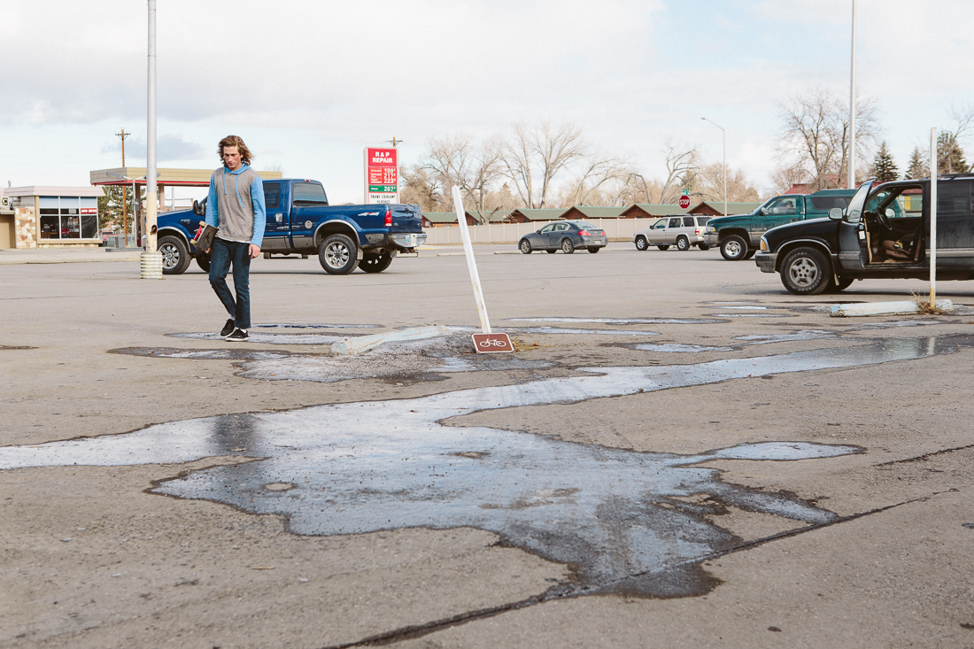 In the town of Cody (Home of Buffalo Bill) I met John Wells, a local up-and-coming skateboarder. He told me of this insane polejam he wanted to hit. There were a couple ice patches in the runway, but wanted to do it anyways. 