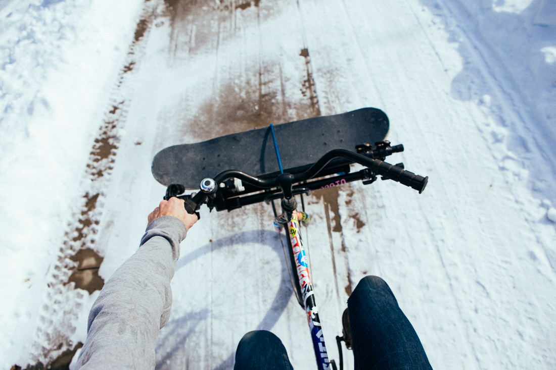One of my photoshoot locations was a few miles down a slippery bike path. I loaded my bike with all the gear I needed and pedaled off.