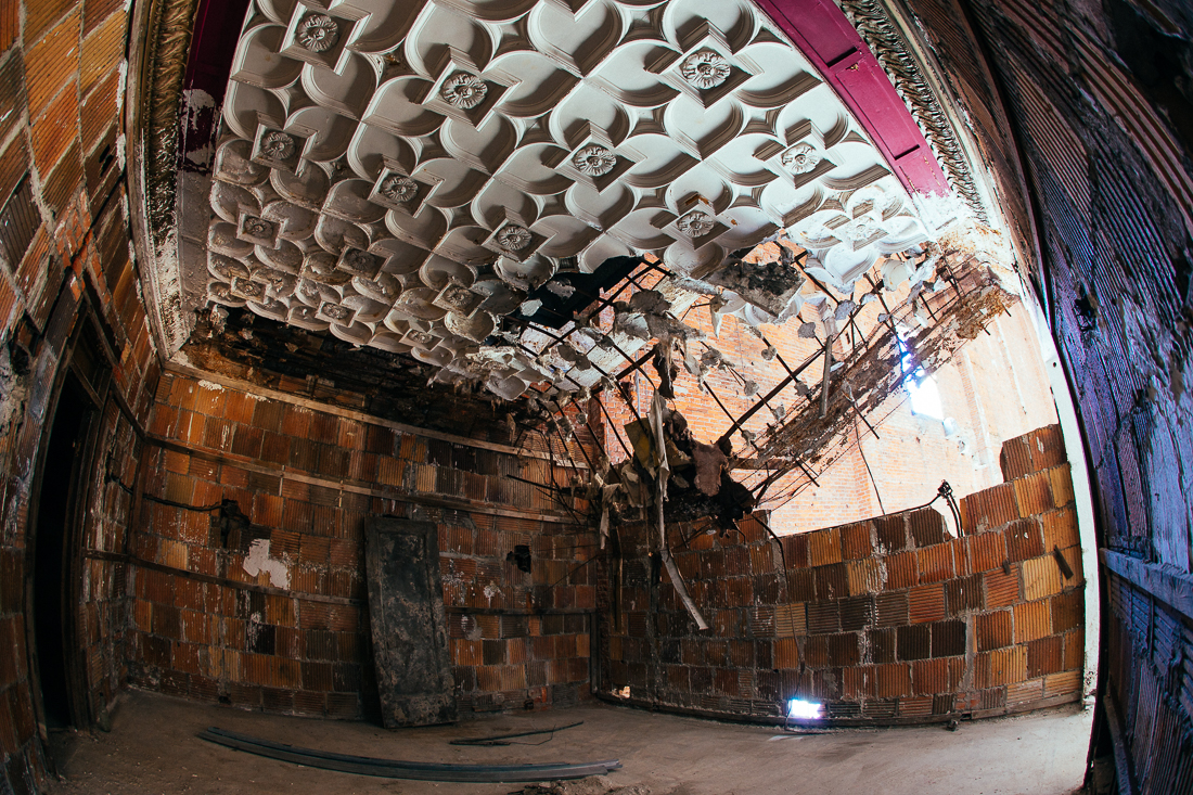 The theatre area is all abandoned and sometimes used for parking on the lower level, but is sketchy since it's falling apart from neglect and age.