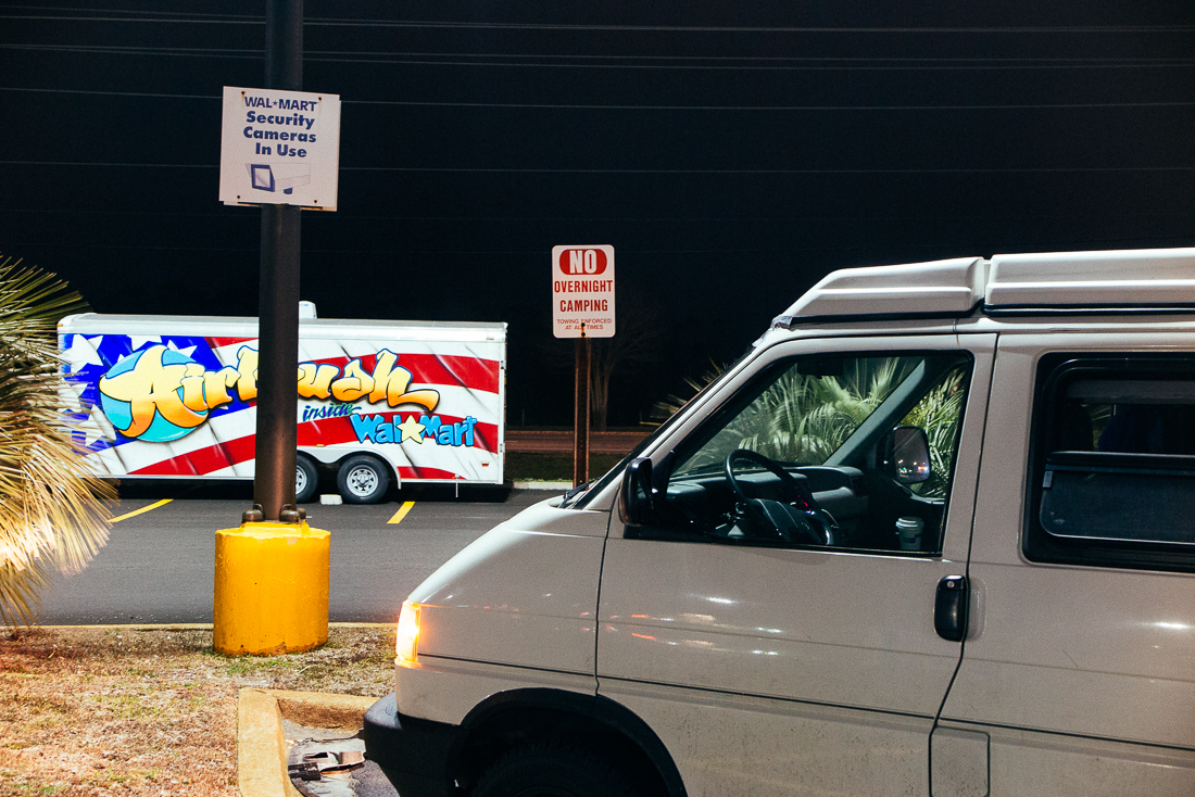 An easy go-to spot to camp for the night is a Walmart parking lot, since they are open 24 hours for supplies and have security roaming around. This one wasn't down for me, so I camped out next to a hospital. How's that trailer though, so tacky! 