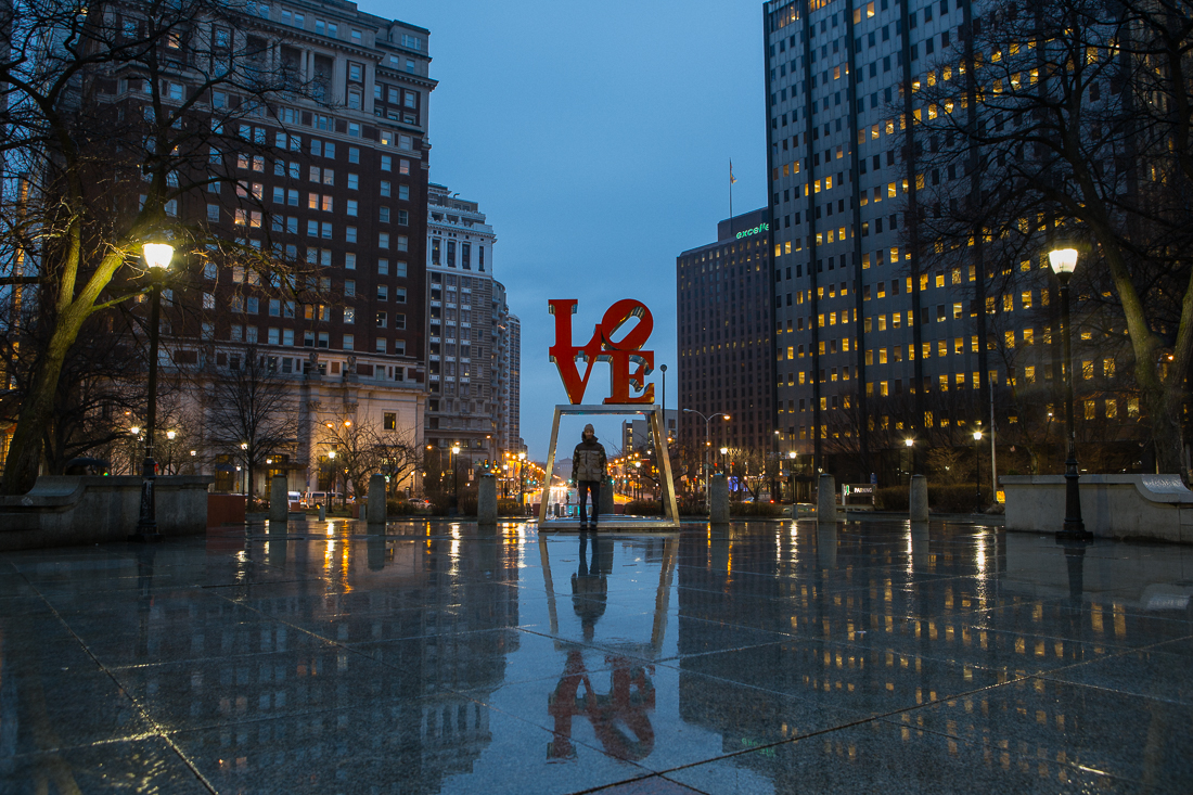 A light rain made a lovely reflection at Love Park.