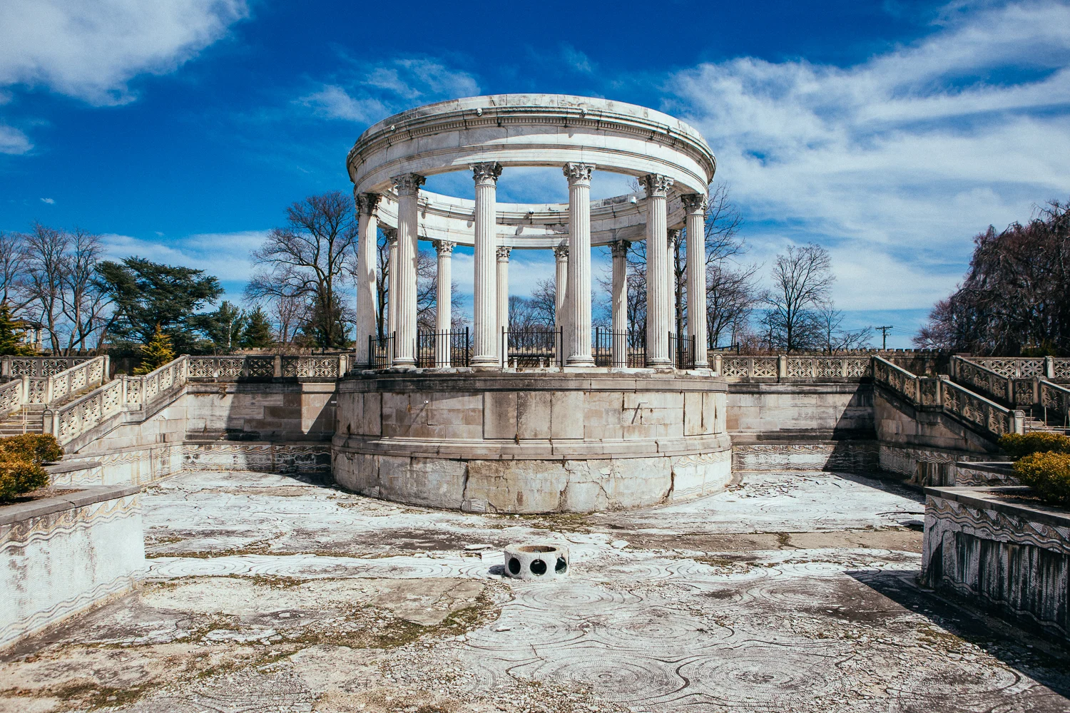 It was neglected during the 70's and became a place of Satanic worship. That's gross, but it was a good choice for them, those are 2000 year old pillars that were imported from Italy and amazing to hang out at.