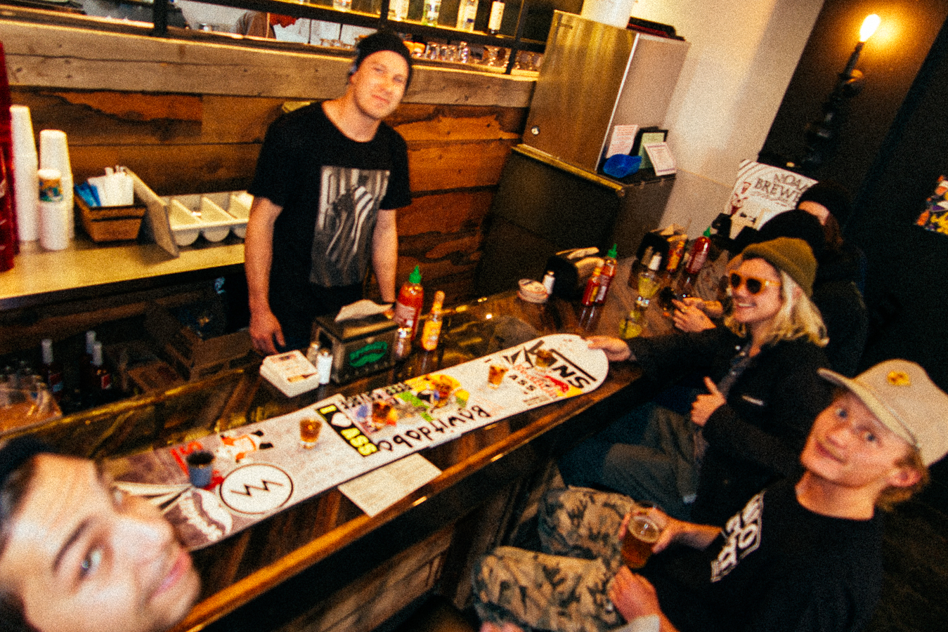 I finally got to check out the Spedellis restaurant , and partied with my former Arnette riders Ben Bogart and Ben Bilodeau. Aaron Biittner poured up some drinks on Pat Moore's 'shot-board' to start up the good times.