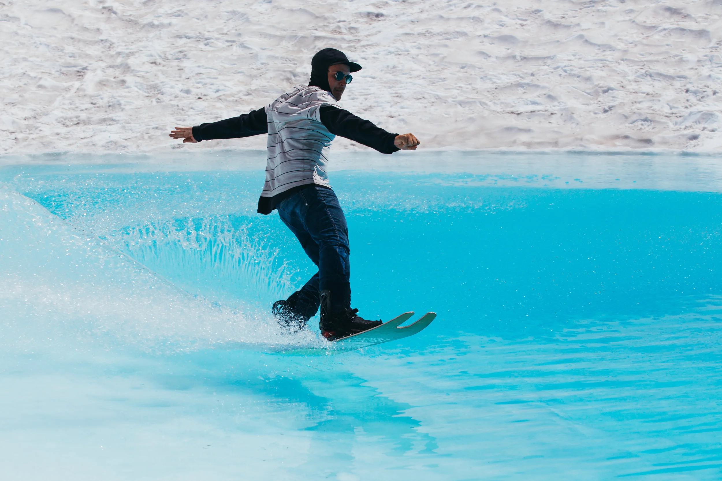 His Spring Break snowboard is named the Catamaran. Good choice for this day, eh?