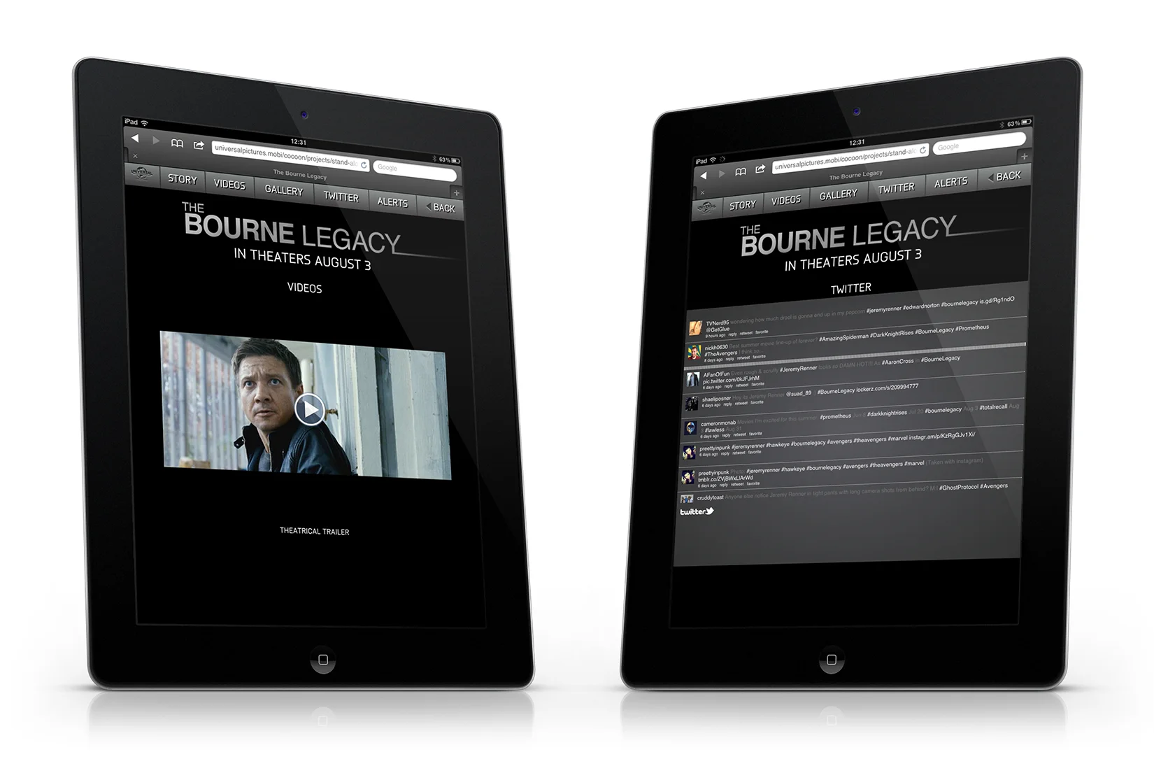 iPad: movie trailers and Twitter screens.