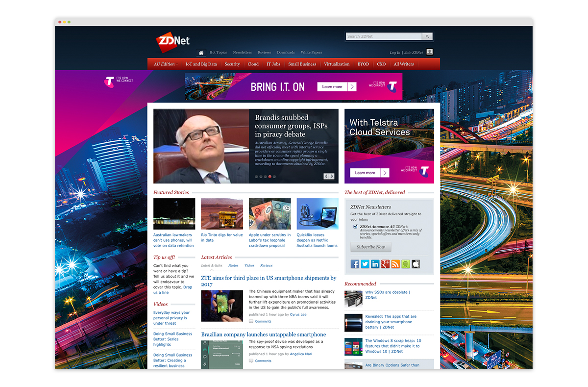MREC and leaderboard banner ads + full page takeover on Zdnet.