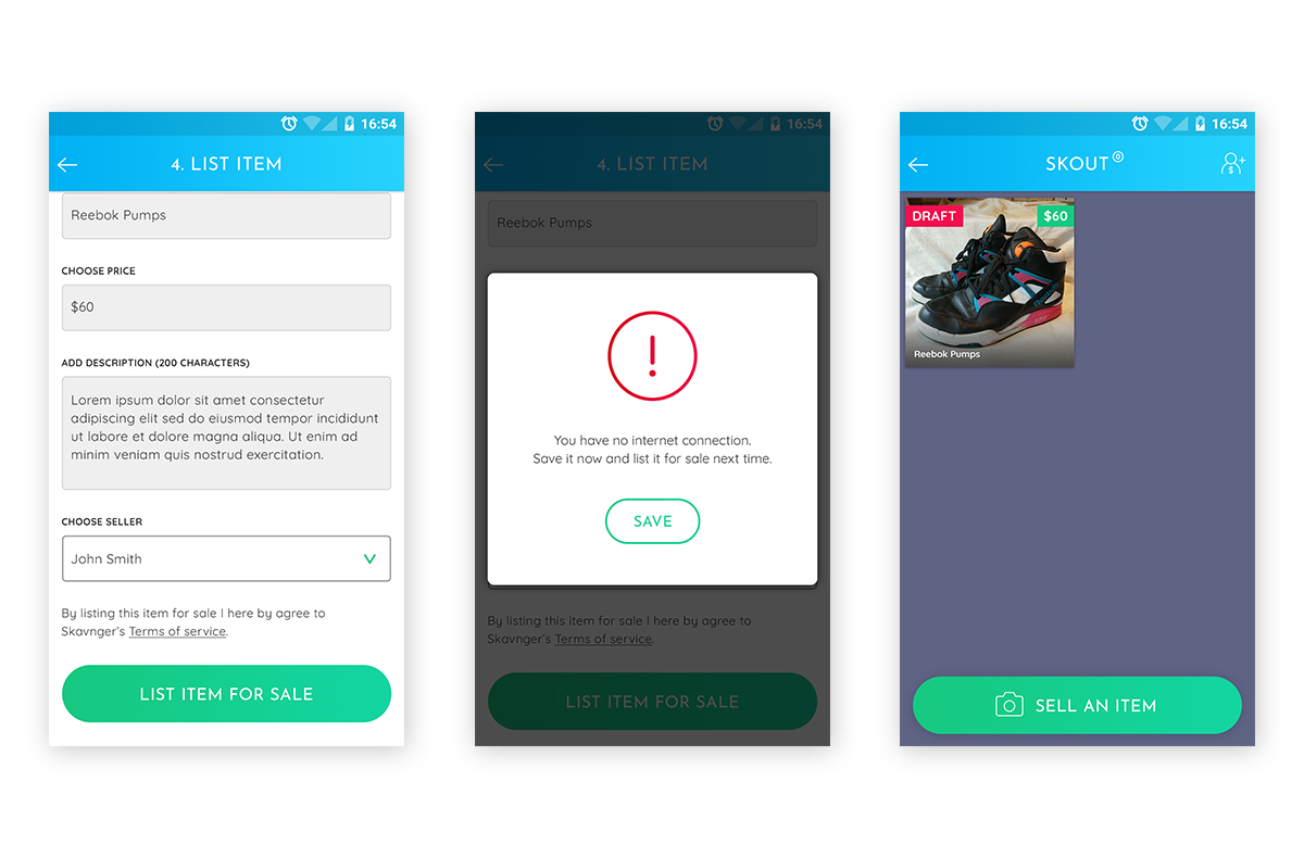 No internet connection: If there is no internet connection, the user can still catalogue and prepare as many items for sale as they wish. At the final stage, they are given the option to save the item as a draft - then when they are connected again the app will automatically sync and upload any saved drafts.