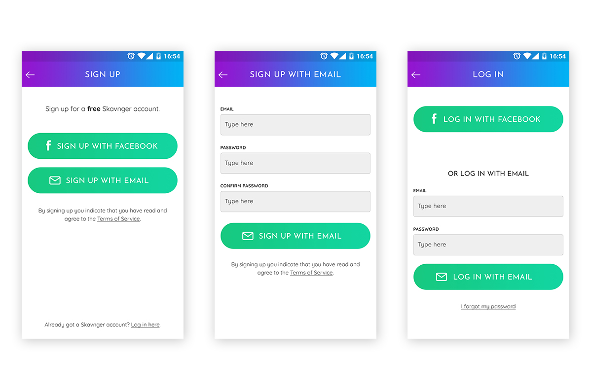 Sign up, sign up with email, and log in screens.