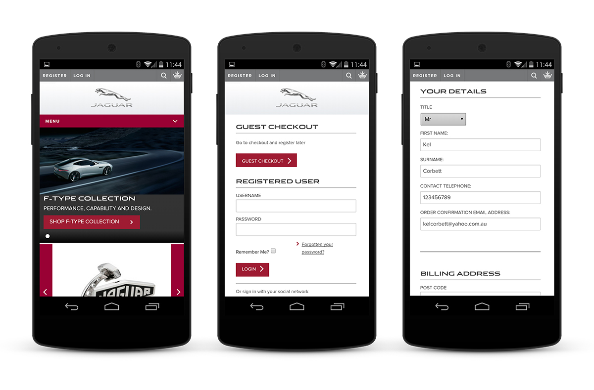 Mobile views: homepage and shopping cart.
