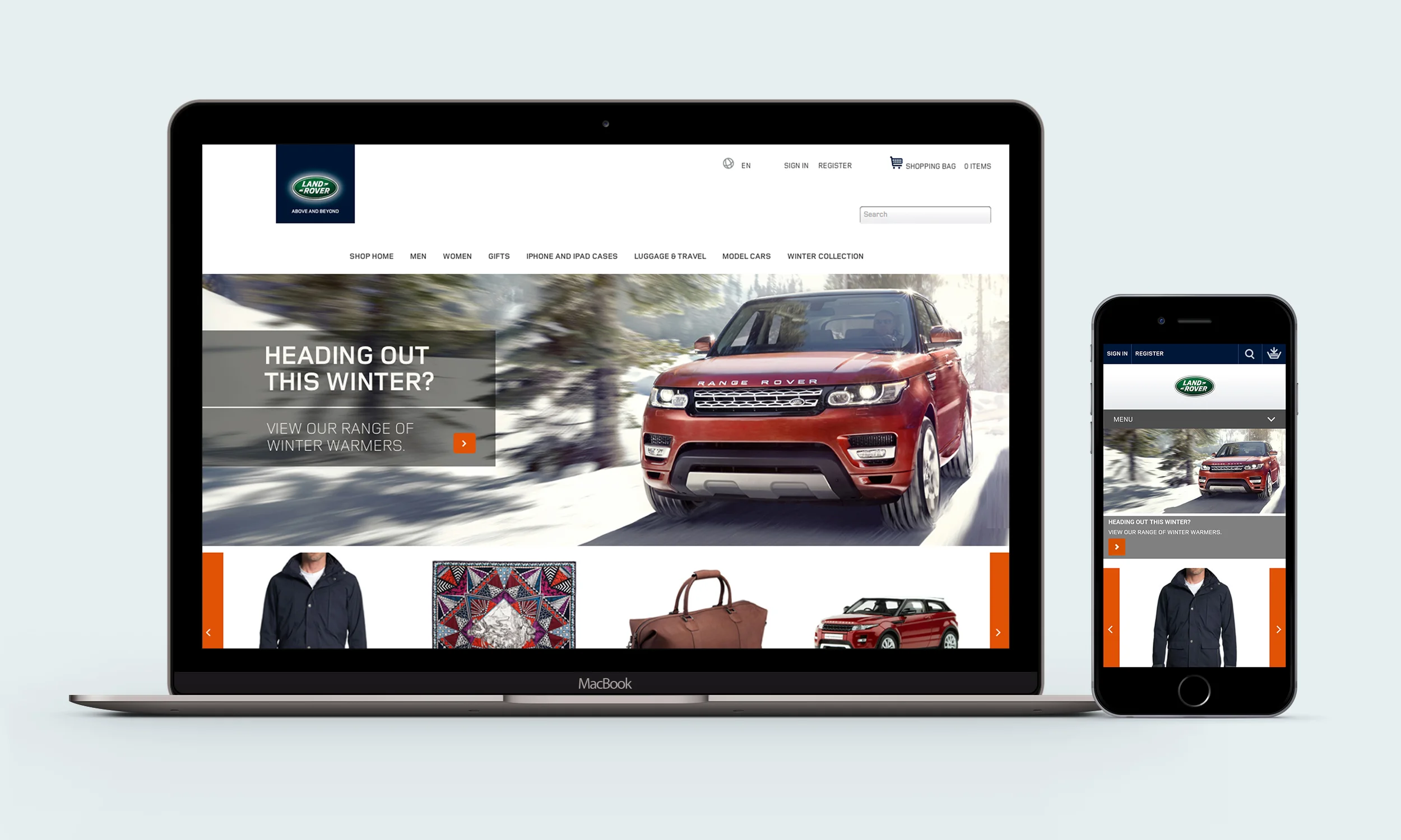 The homepage: desktop and mobile views.