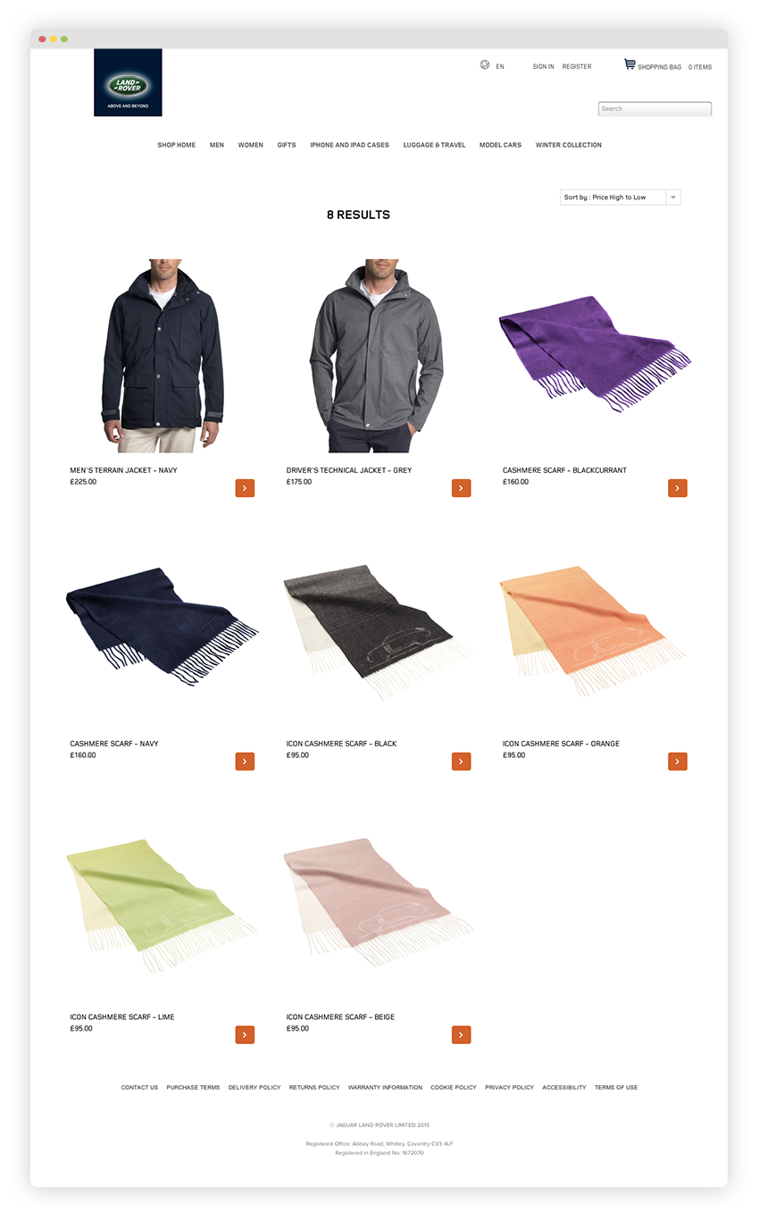 Search results page: here you can see some of the types of products for sale on the site including jackets and scarves.