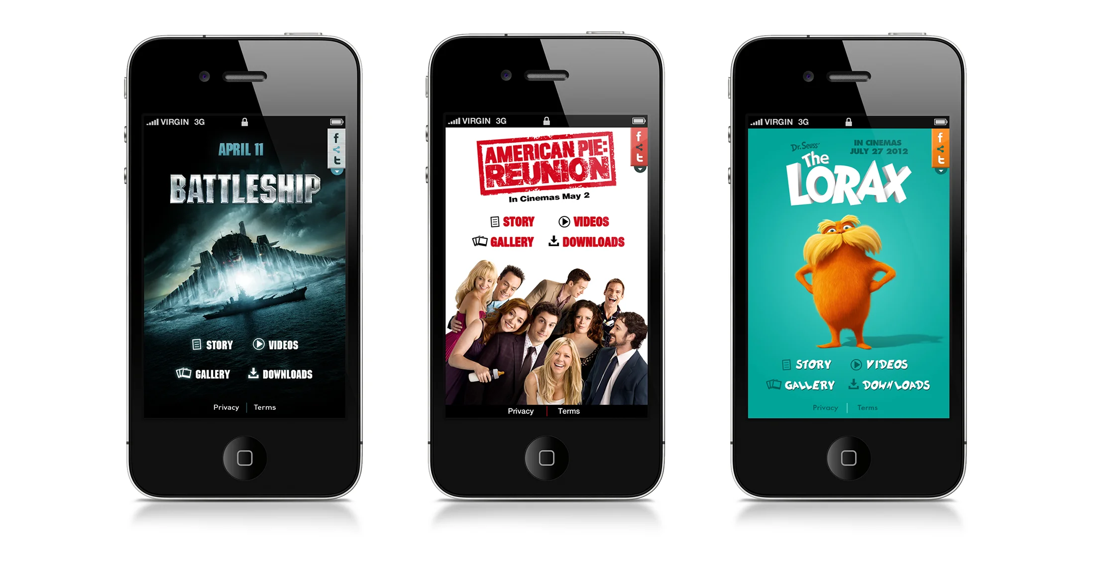 iPhone homescreens for the three apps: Battleship, American Reunion and The Lorax.