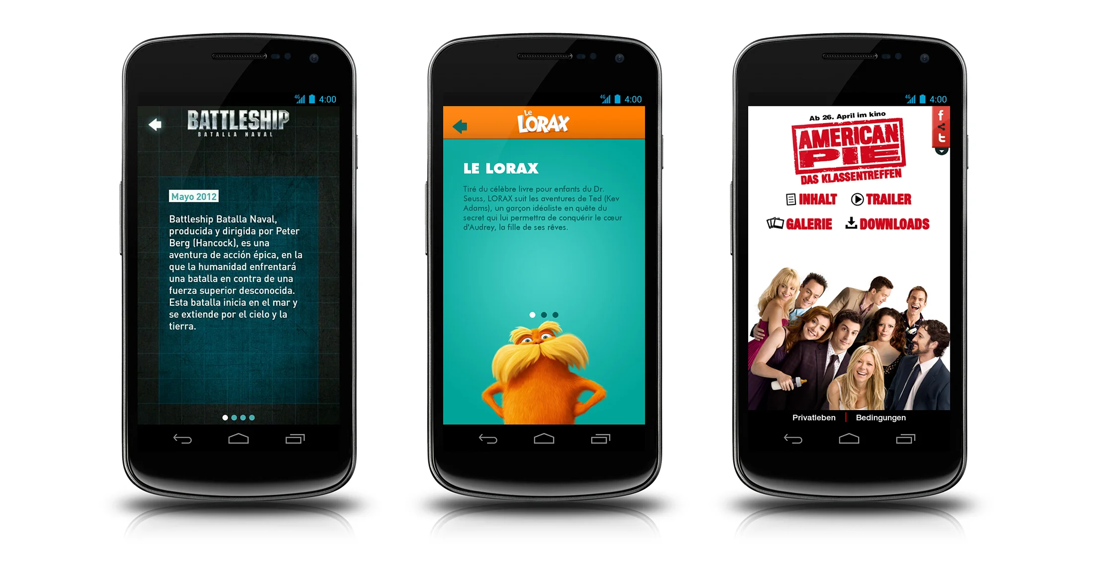 Android app screens: Battleship story screen in Spanish, The Lorax story screen in French, and American Pie homescreen in German.