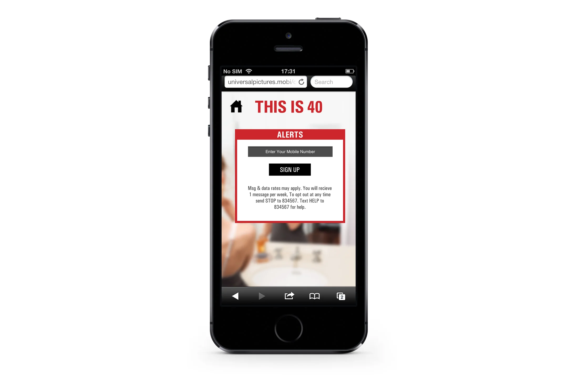Smartphone: sign up for movie alerts screen.