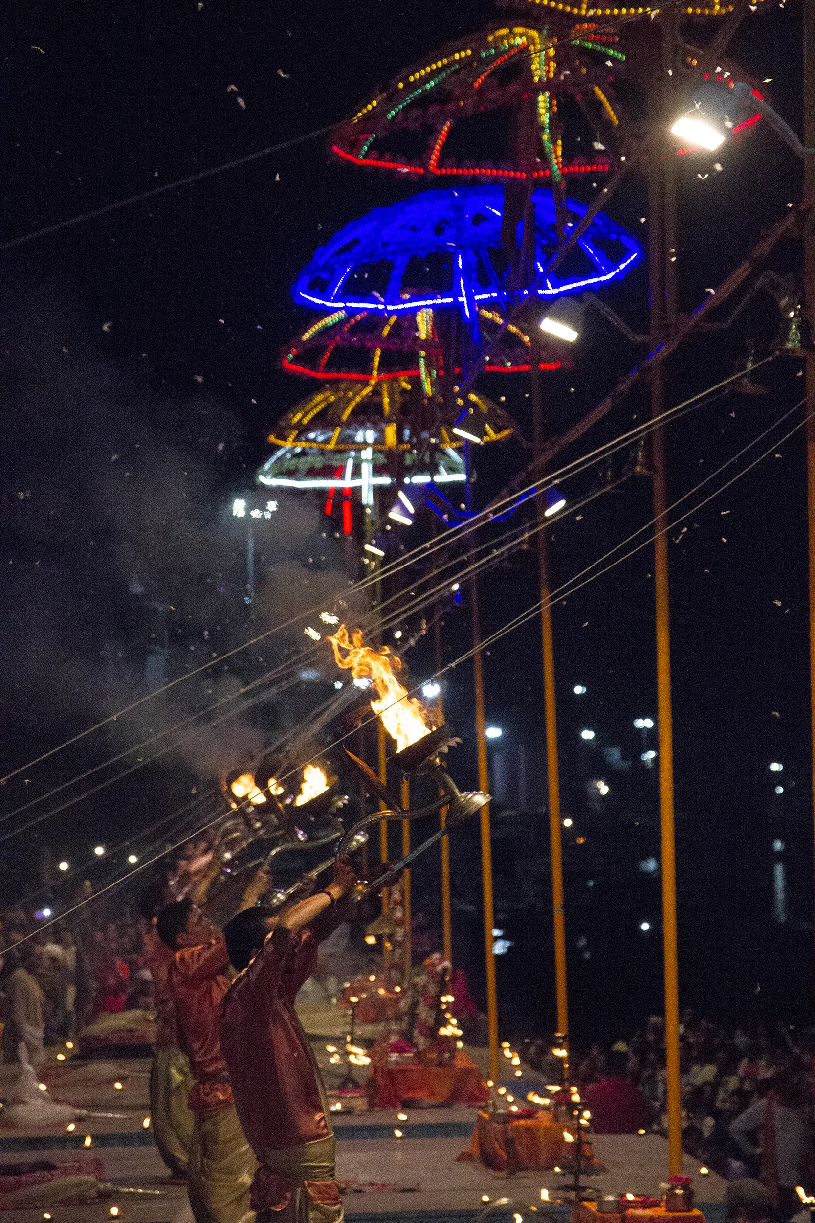 Evening Hindu ceremony on the banks of the Ganges River. Varanasi. India.