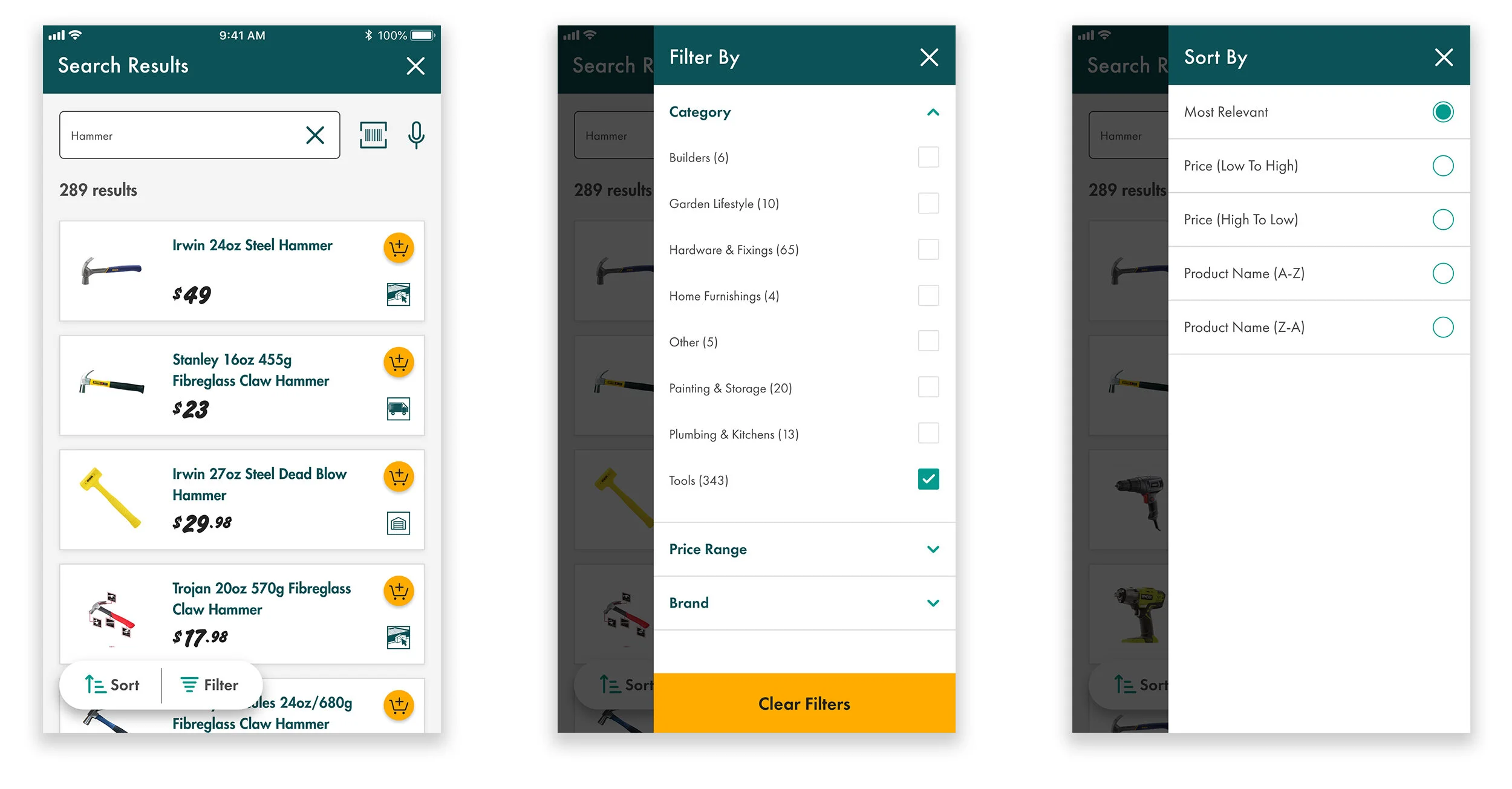 Search Results, Filter and Sort screens
