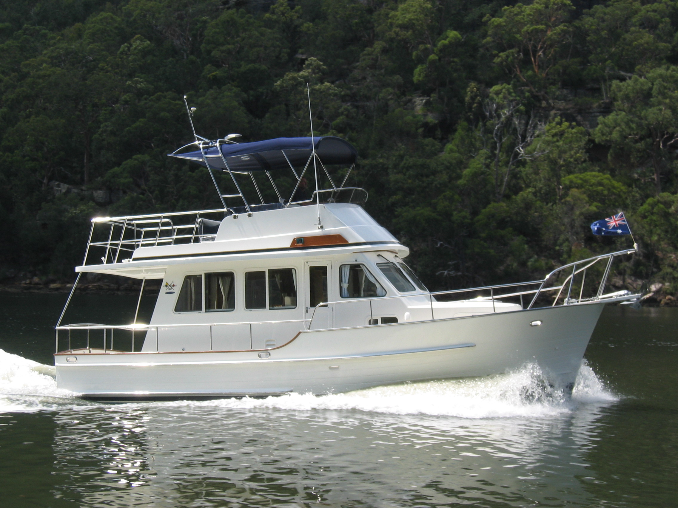 Island Gypsy 32 Eurosedan. Completed in 2006. Cruising up the Hawkesbury River just north of Sydney.