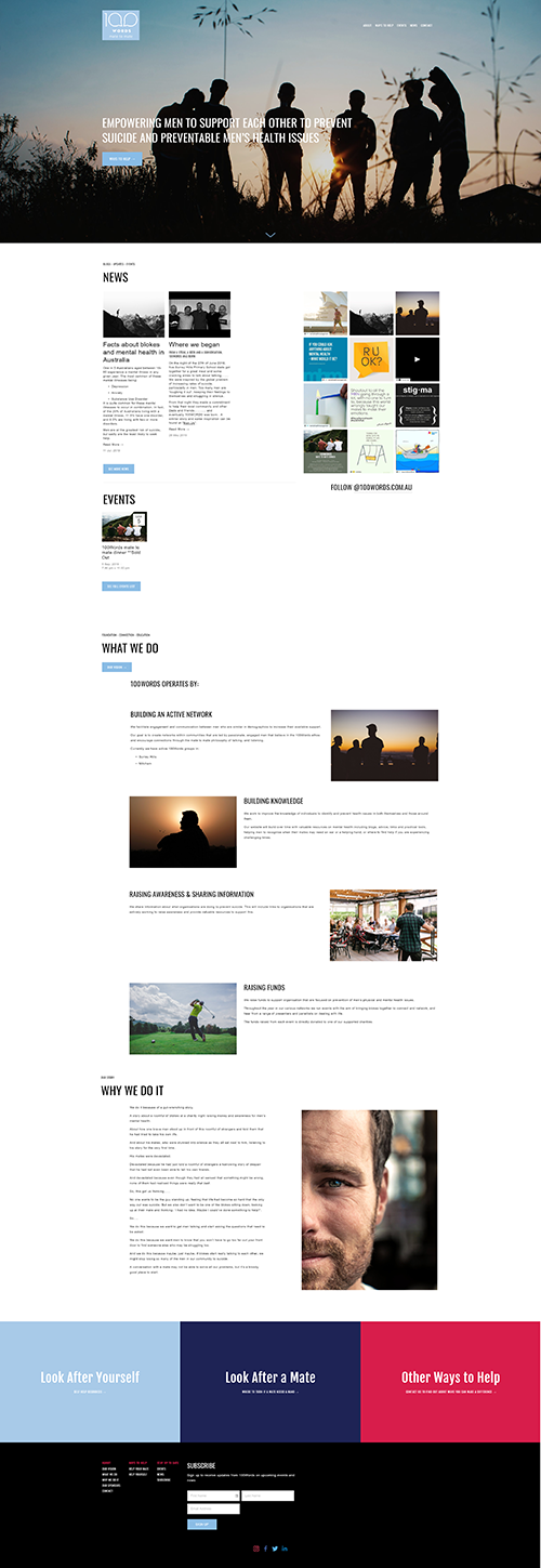 100words Full width website for Melbourne men’s mental health advocates 100words. Includes blog & events. View site ->