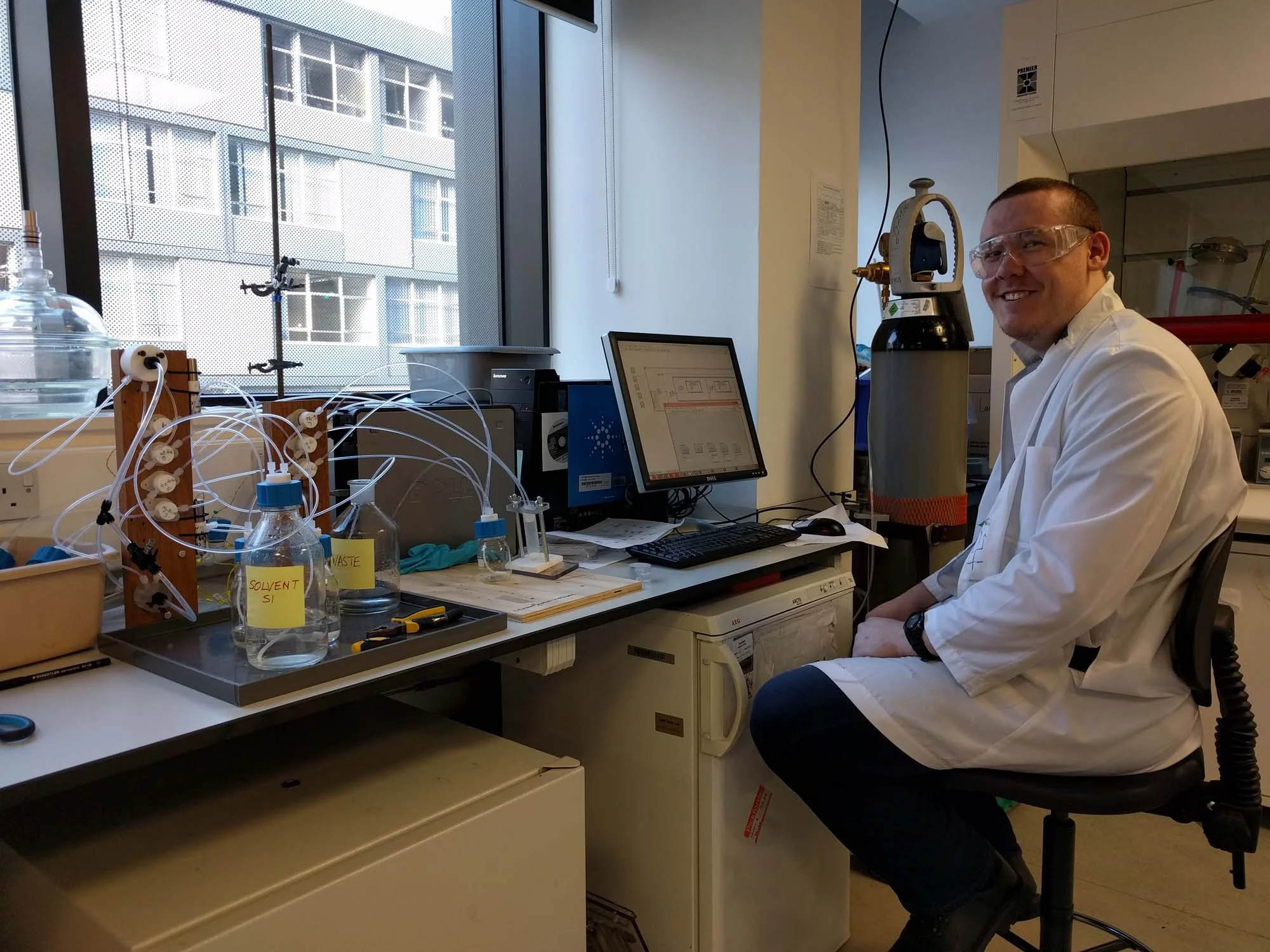A very happy Chris with his "Mark I" peptoid SYNTHESISER working!