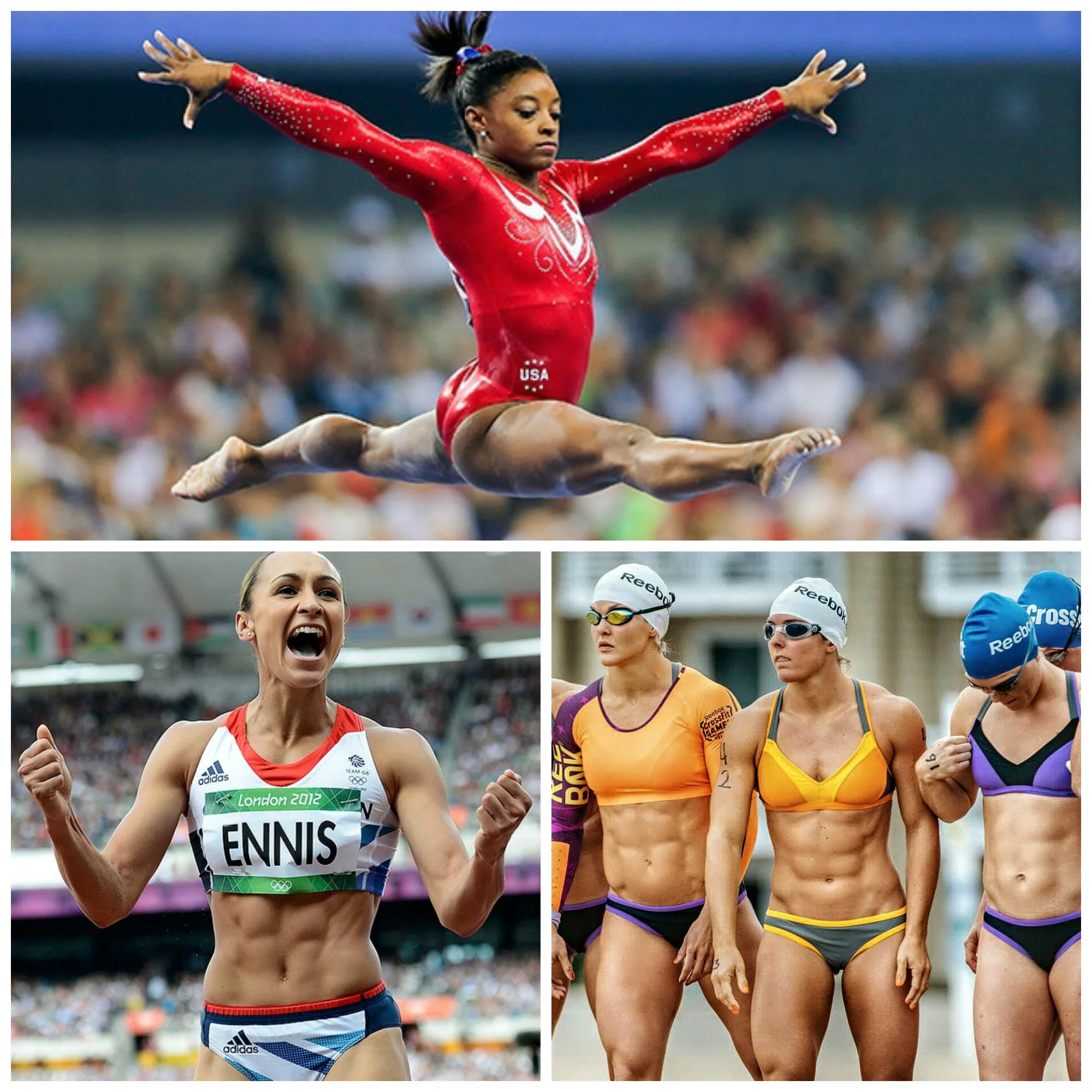 American gymnast and 2016 Olympic individual all-around, vault and floor gold medalist, Simone Biles (top); British Track and Field Athlete and 2012 Olympic Gold Medalist, Jessica Ennis (bottom left); 2015 CrossFit Games Athletes preparing for the Open Water swim event (right)