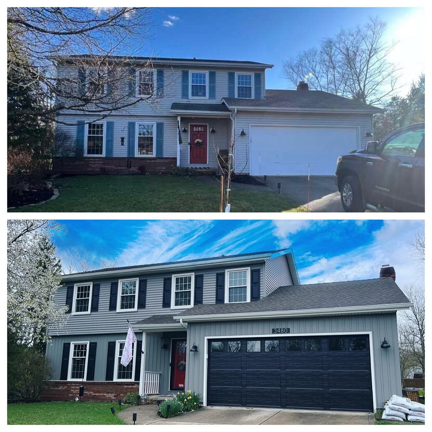 Before &amp; After 👉🏻 Swipe to see more. 
We installed @alside_buildingproducts Charter Oak siding &amp; board and batten. 
Color: Sterling
Contact us today to upgrade the exterior of your home! 330-928-3127 🤩