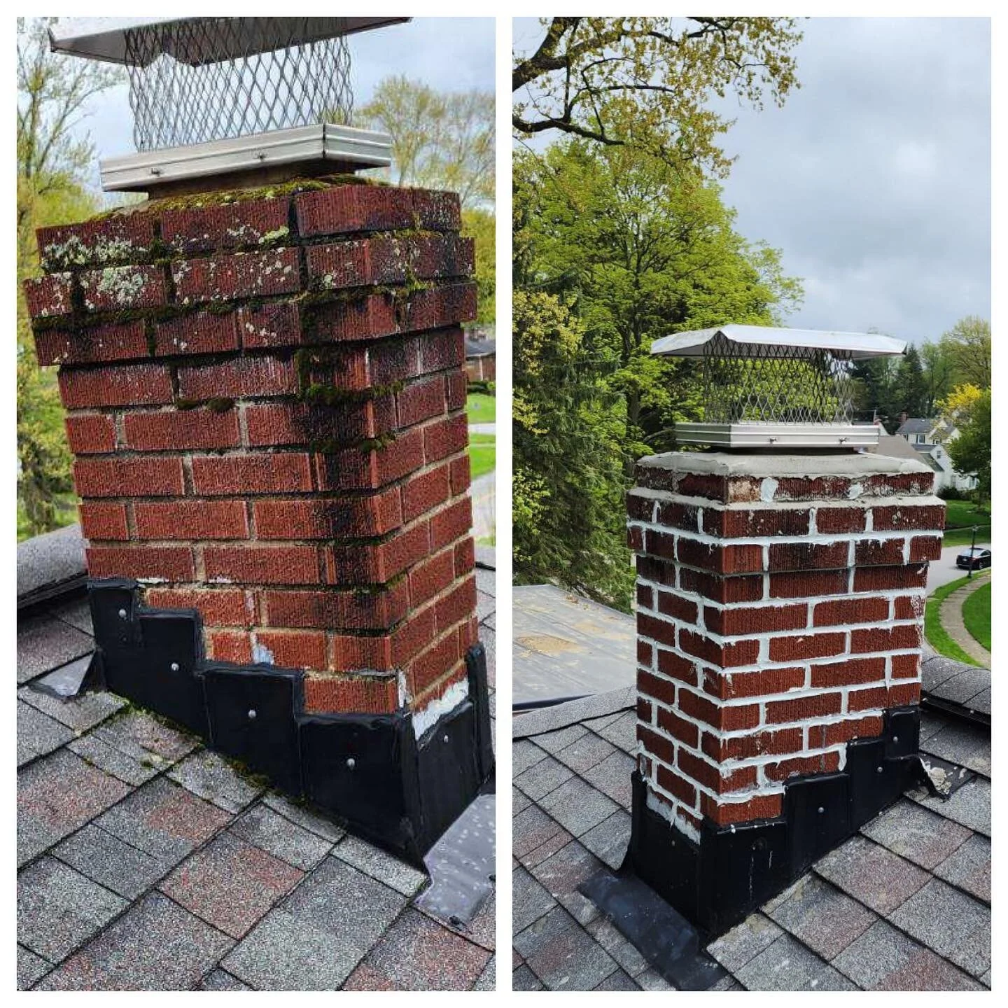 Before &amp; After of a chimney repair. Chimneys are a common area for roof leaks. We had to rebuild top two rows, install new mud wash, and we mortared the joints.