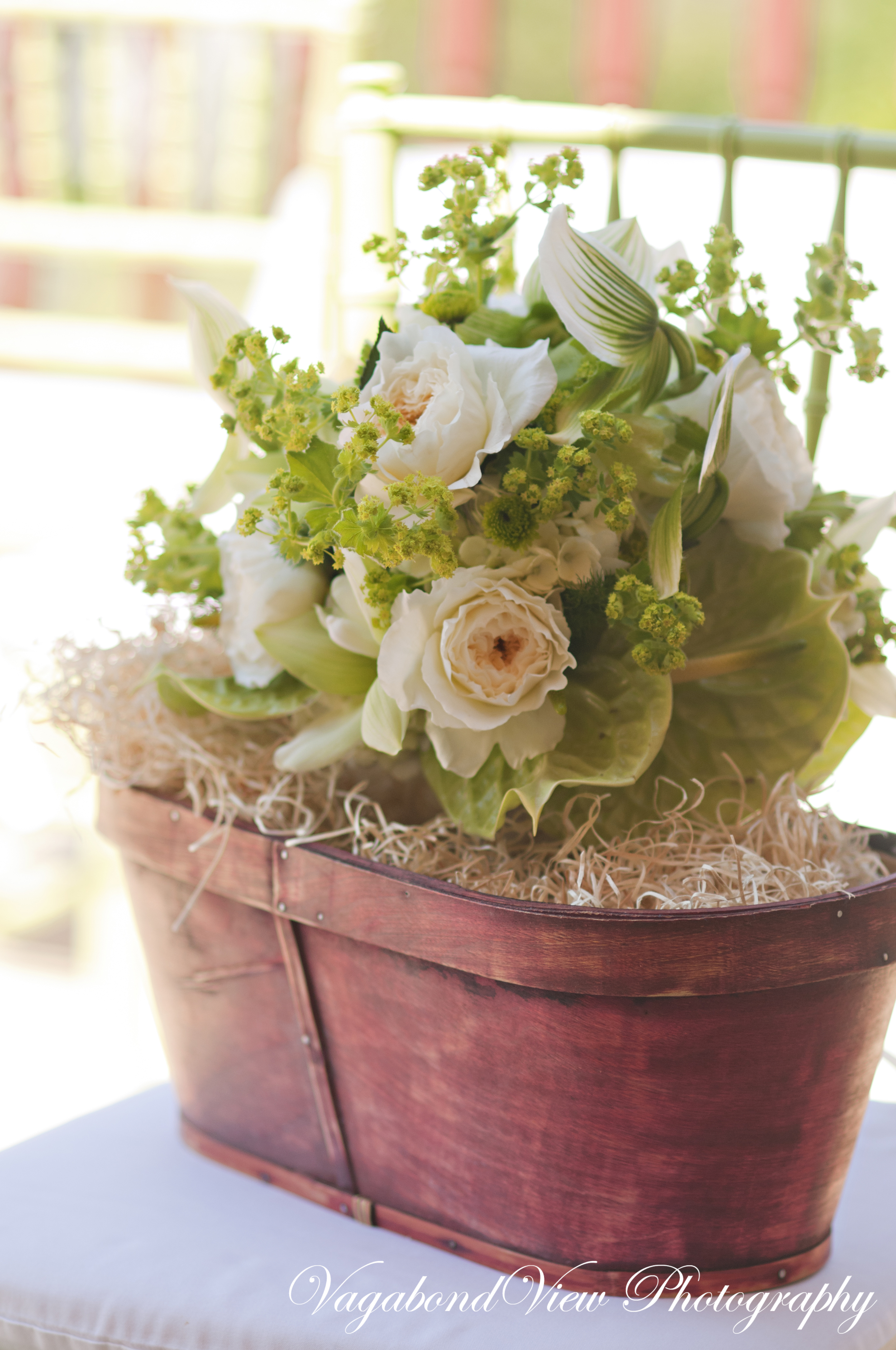 Garden Roses with Lady's Mantle, Lady Slipper Orchids, & Anthurium