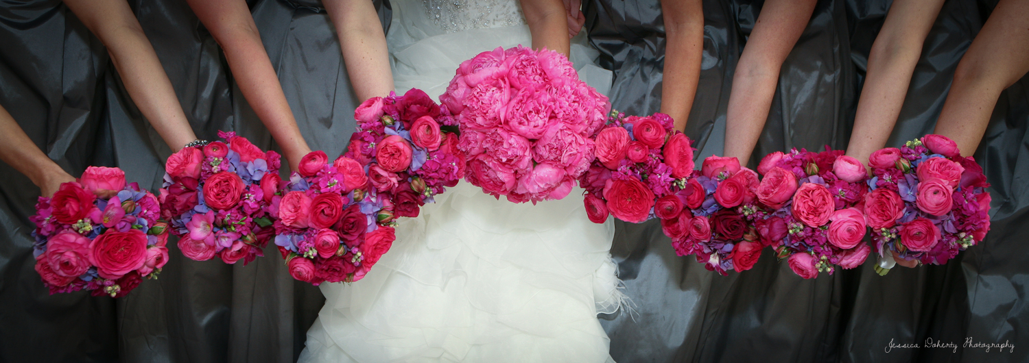 Hot Garden Roses in the Bridemaids' Bouquets and peonies in the bride's