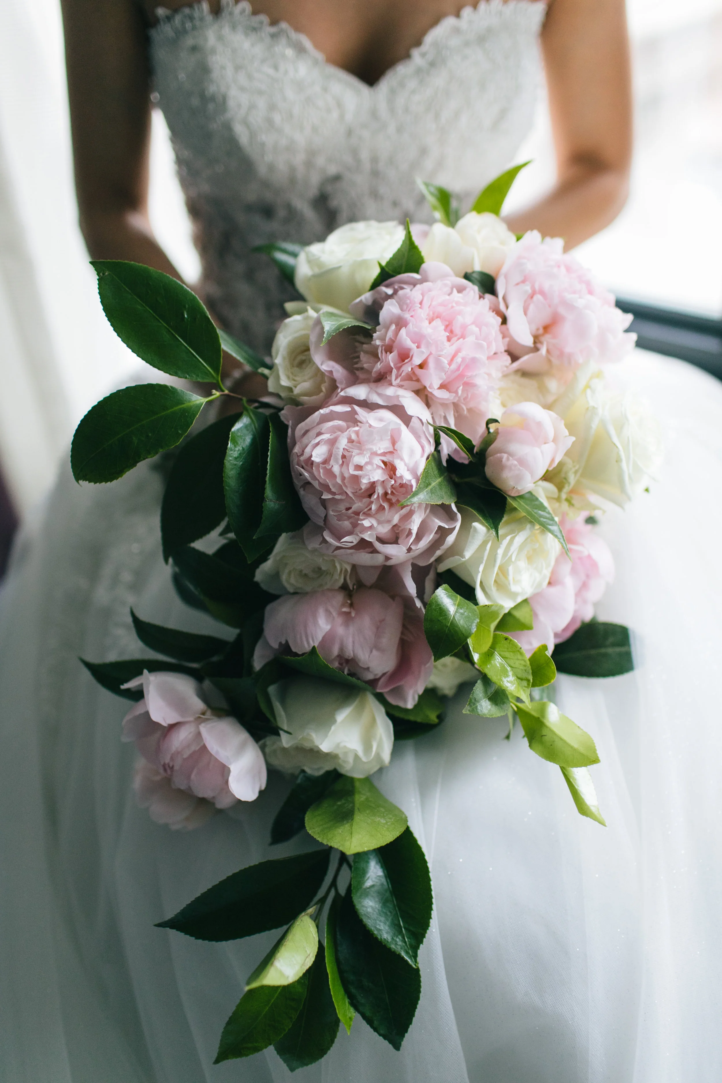 A gorgeous cascading bridal bouquet with Pink Peonies, Ivory Garden Roses, and rich Greens. (Zev Fisher Photography)