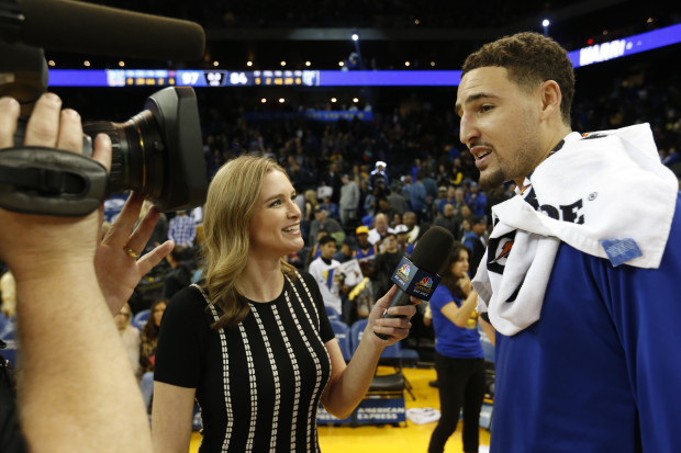 NBC Sports Bay Area sideline reporter Kerith Burke interviews Golden State Warriors' guard Klay Thompson after Wednesday's game.