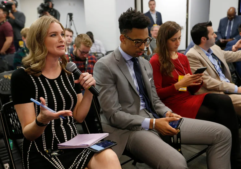 NBC Sports Bay Area sideline reporter Kerith Burke, left, asks Golden State Warriors head coach Steve Kerr a question during a press conference before their NBA game against the Memphis Grizzlies at Oracle Arena in Oakland, Calif., on Wednesday, Dec. 20, 2017. Burke replaced Rosalyn Gold-Onwude, the former Stanford basketball standout who left NBC to accept a full-time NBA position with Turner Sports. (Jane Tyska/Bay Area News Group)