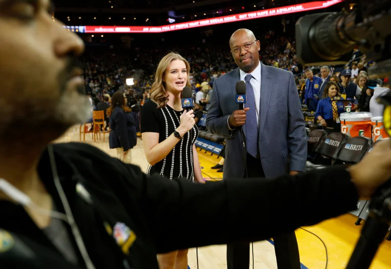 NBC Sports Bay Area sideline reporter Kerith Burke does a stand up with NBC's Monte Poole before the Golden State Warriors NBA game against the Memphis Grizzlies at Oracle Arena in Oakland, Calif., on Wednesday, Dec. 20, 2017. Burke replaced Rosalyn Gold-Onwude, the former Stanford basketball standout who left NBC to accept a full-time NBA position with Turner Sports. (Jane Tyska/Bay Area News Group)