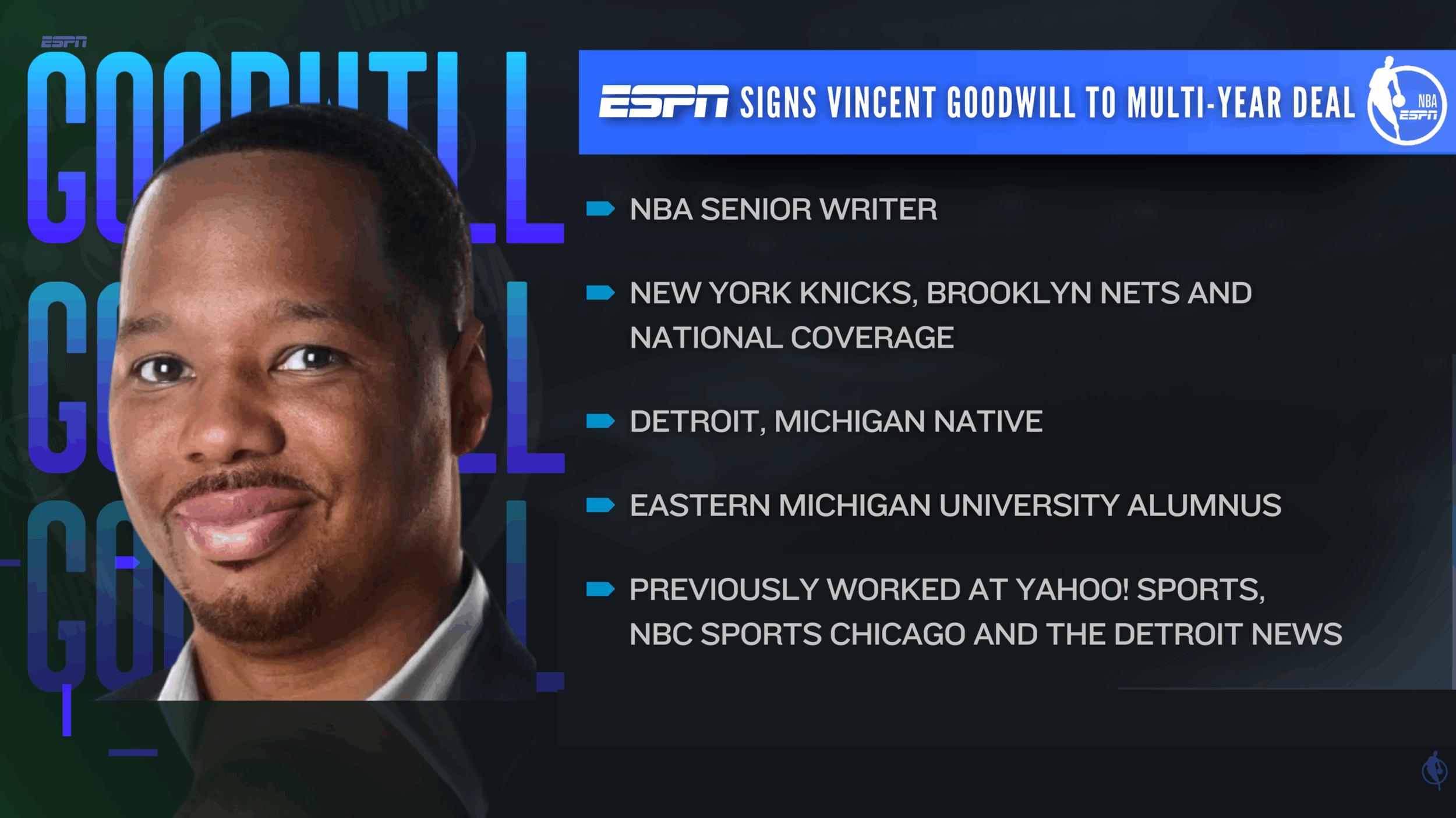 ESPN Signs Vincent Goodwill to Multi-Year Deal as National NBA, New York Knicks and Brooklyn Nets Writer