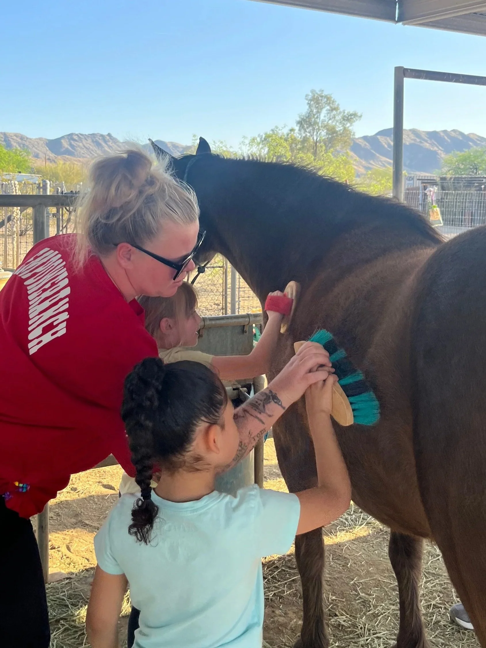 EmpoweRanch team guides campers, teaching them to brush Dancer the horse.